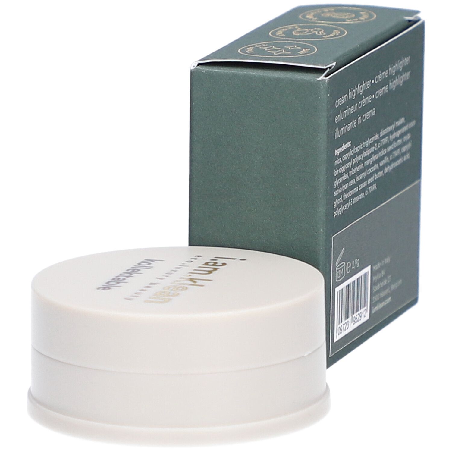 Grüne Schachtel und cremefarbener Behälter. Auf der Schachtel steht i.am.klean, kollektable cream highlighter. Der Behälter hat einen Deckel mit Schriftzug.