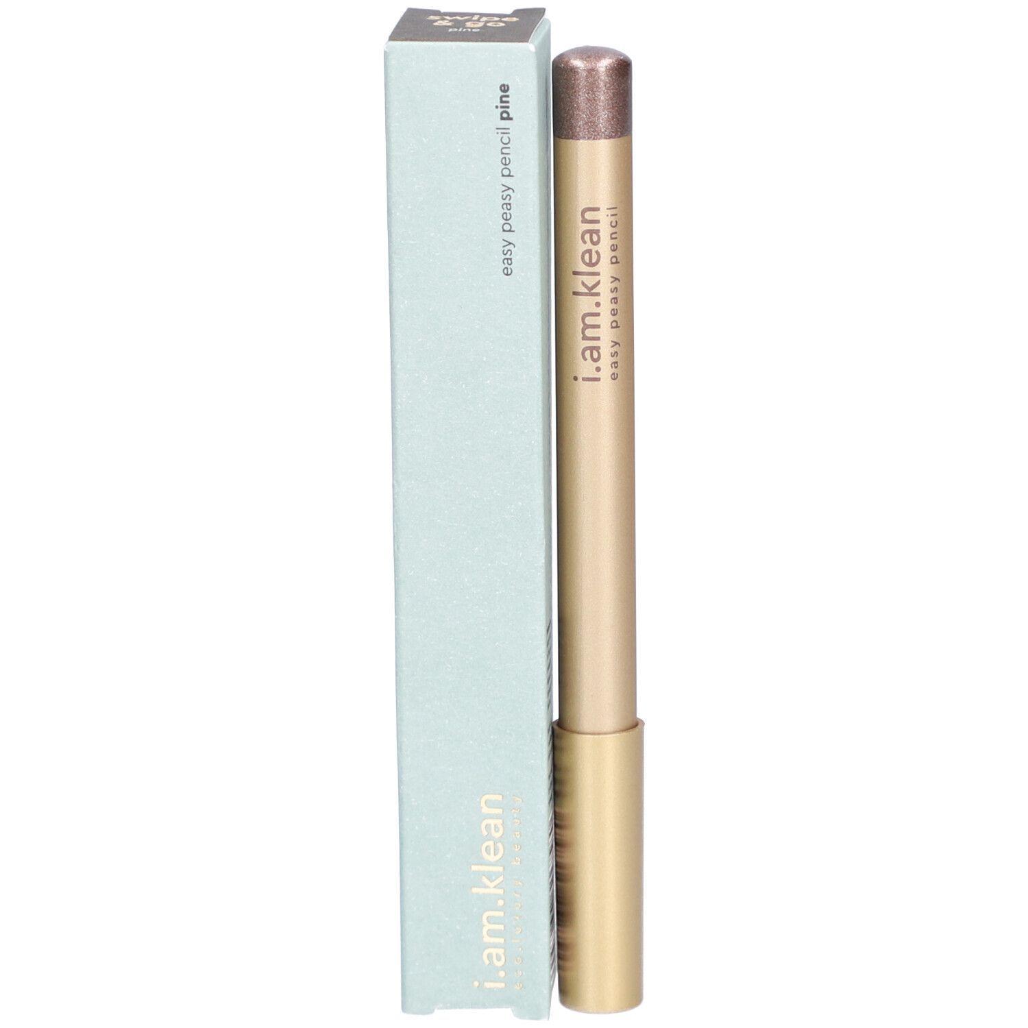 Augen-Eyeliner-Stift und Verpackung. Goldfarbener Stift, hellgrüne Verpackung mit Produktnamen. Aufschrift: i.am.klean, easy peasy pencil pine.