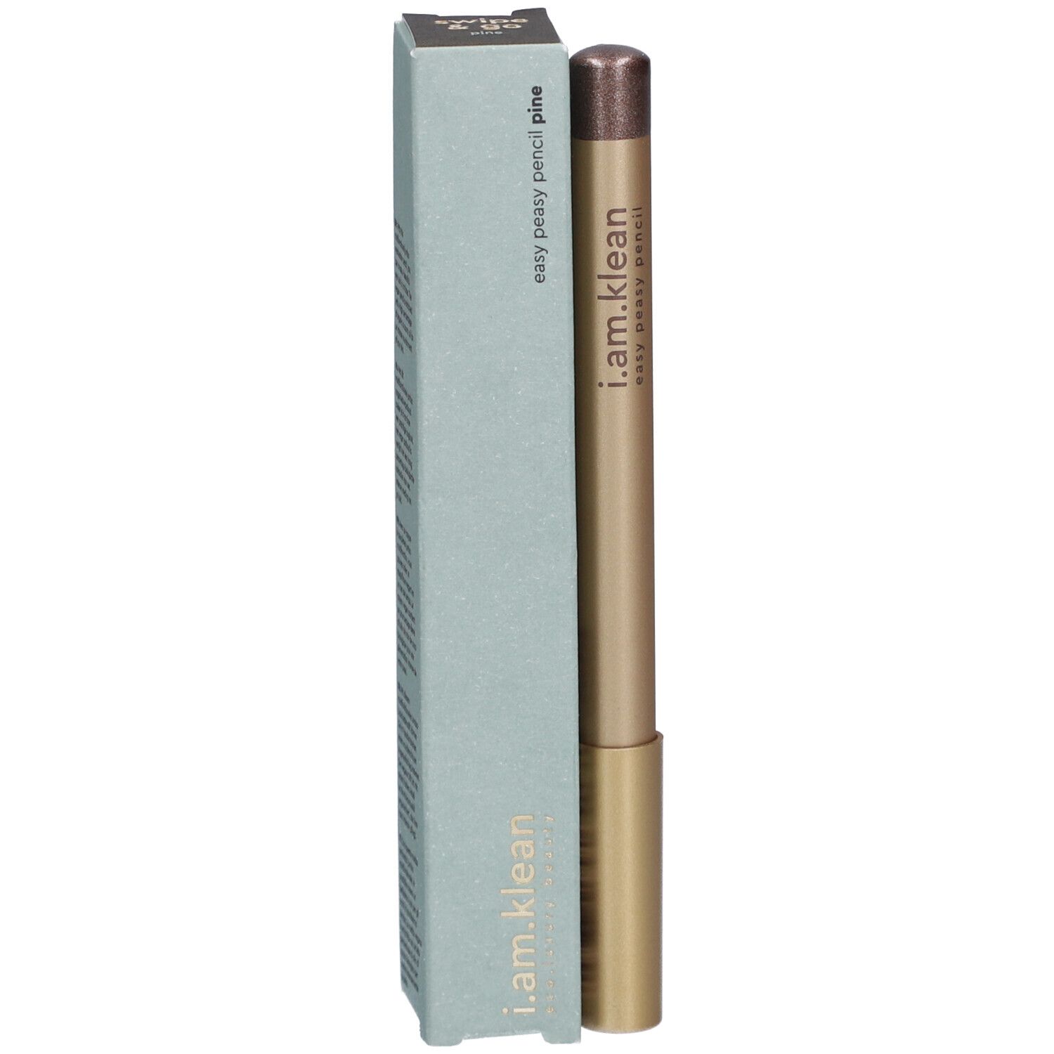 Augen-Eyeliner-Stift und Verpackung. Goldfarbener Stift, hellgrüne Verpackung mit Produktnamen. Aufschrift: i.am.klean, easy peasy pencil pine.