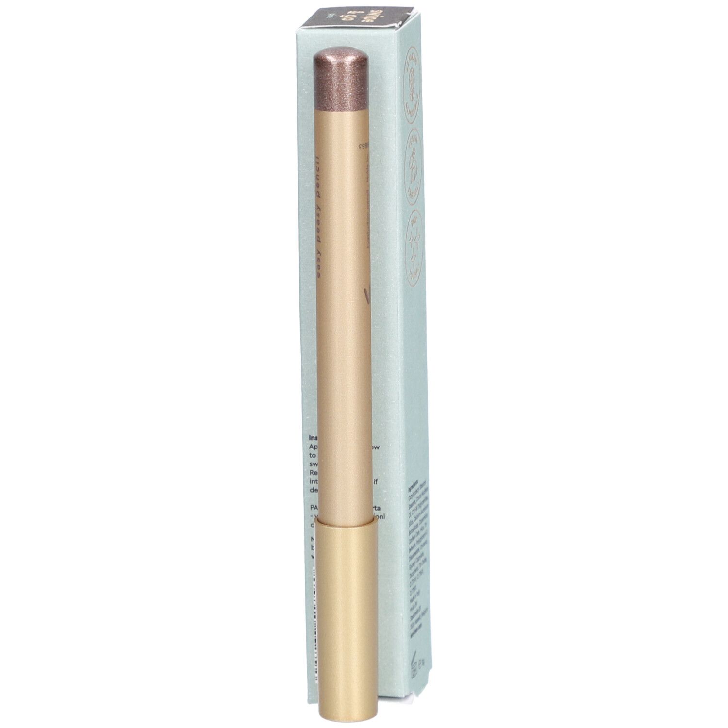 Augen-Eyeliner-Stift und Verpackung. Goldfarbener Stift, hellgrüne Verpackung mit Produktnamen. Aufschrift: i.am.klean, easy peasy pencil pine.