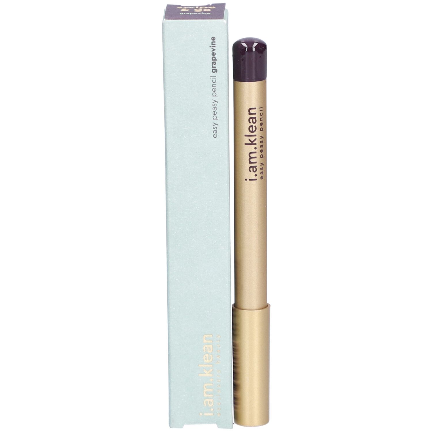 Augenstift und Verpackung. Goldfarbener Stift mit lila Spitze und hellblauer Verpackung. Aufschrift: i.am.klean, easy peasy pencil grapevine.