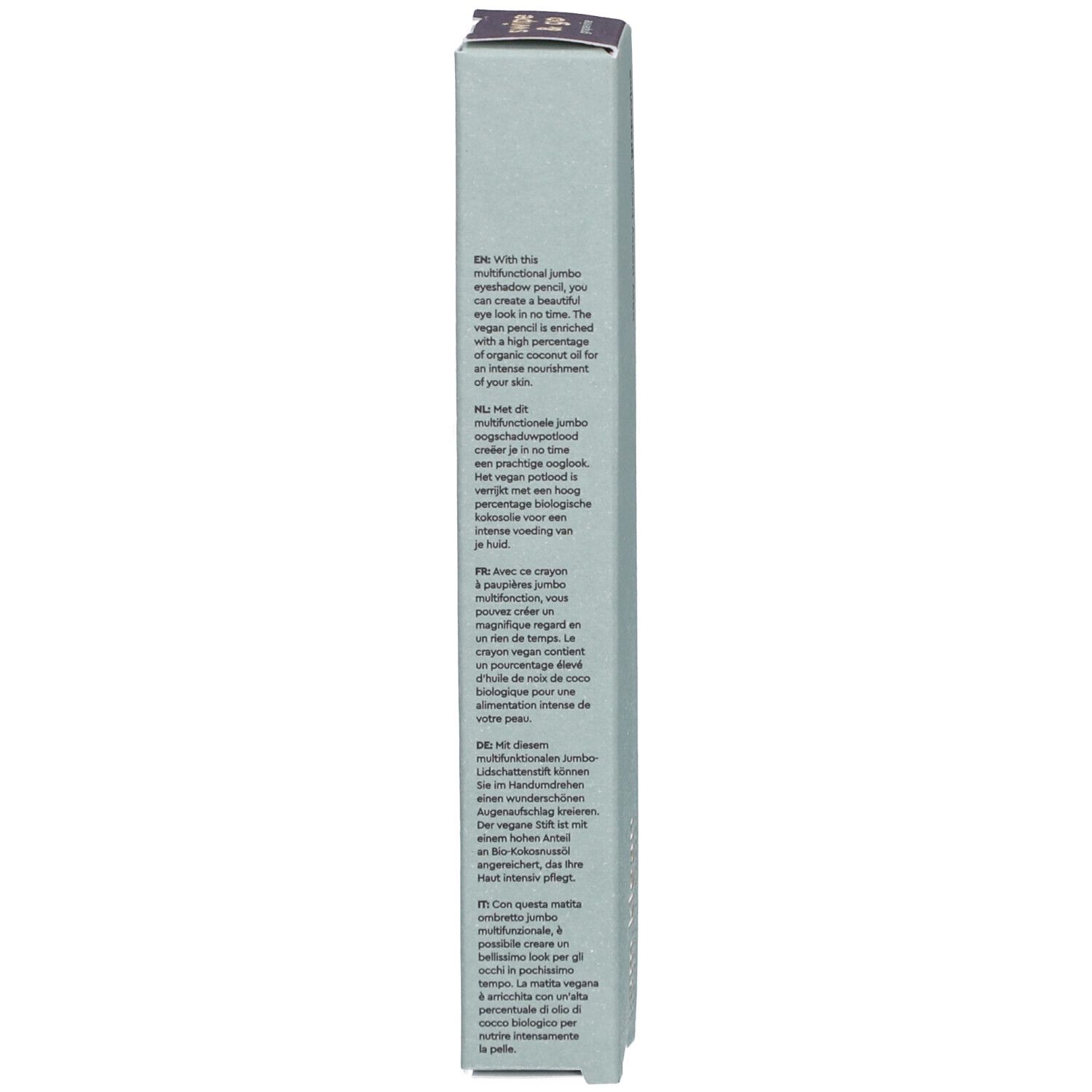 Verpackung des Augenstifts. Hellblaue Verpackung mit Text in mehreren Sprachen. Aufschrift: i.am.klean, easy peasy pencil.