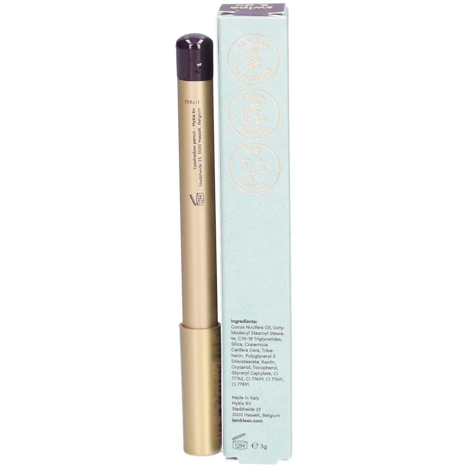 Rückseite des Augenstifts und Verpackung. Goldfarbener Stift mit lila Spitze und hellblauer Verpackung. Aufschrift: i.am.klean, Inhaltsstoffe.