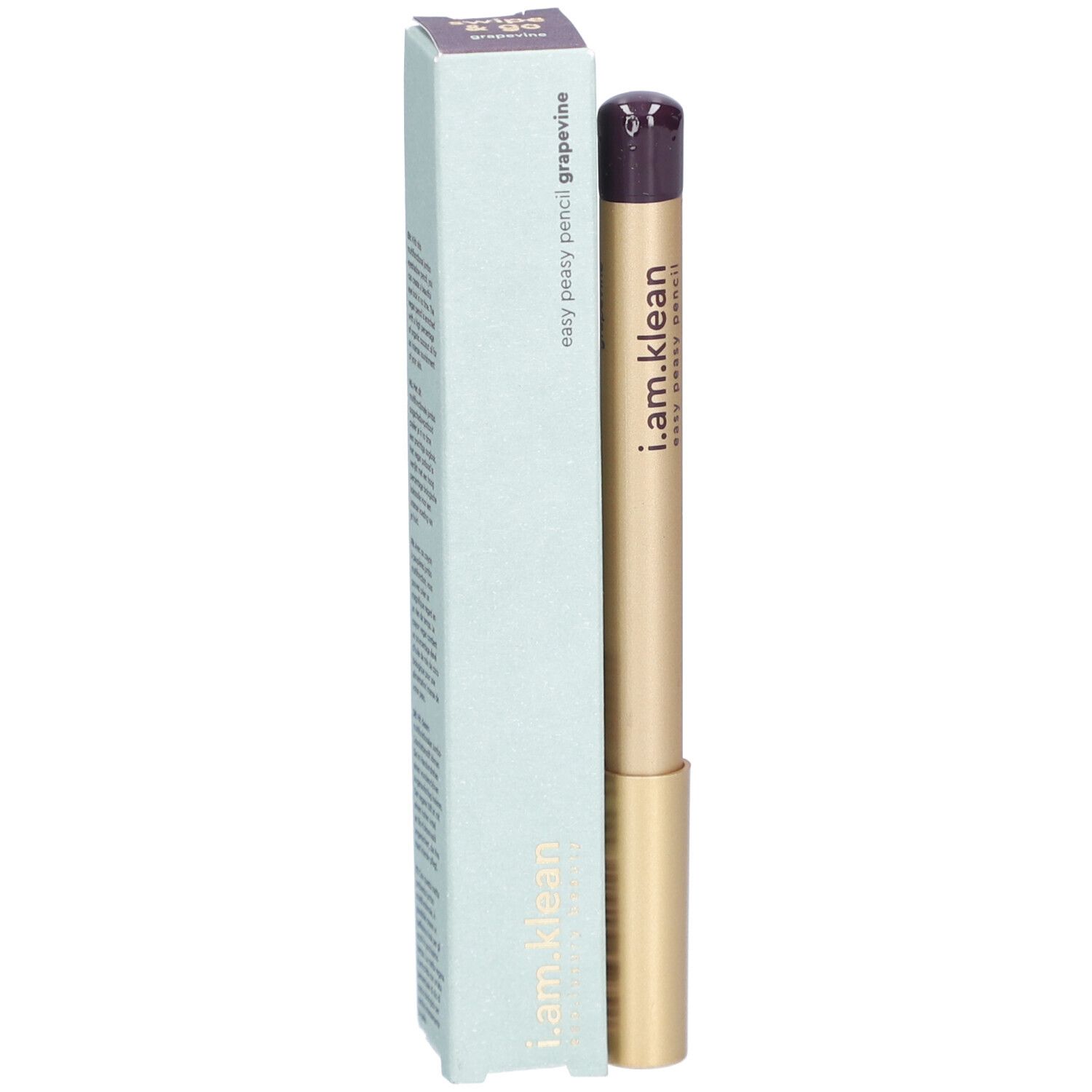 Augenstift und Verpackung. Goldfarbener Stift mit lila Spitze und hellblauer Verpackung. Aufschrift: i.am.klean, easy peasy pencil grapevine.