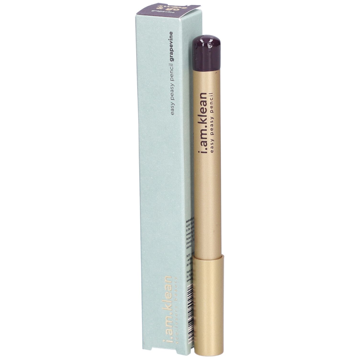 Augenstift und Verpackung. Goldfarbener Stift mit lila Spitze und hellblauer Verpackung. Aufschrift: i.am.klean, easy peasy pencil grapevine.