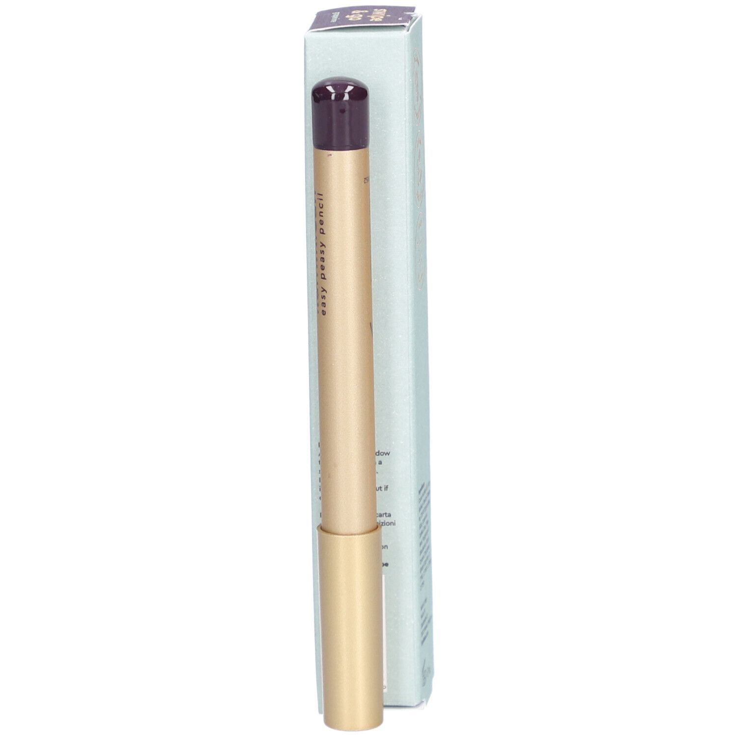Augenstift und Verpackung. Goldfarbener Stift mit lila Spitze und hellblauer Verpackung. Aufschrift: i.am.klean, easy peasy pencil.