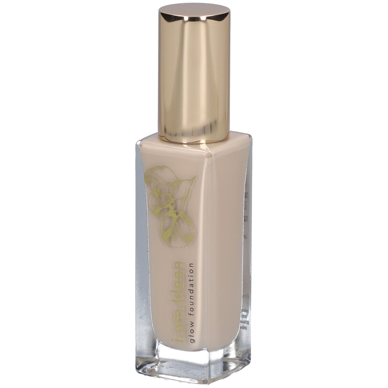 Beige Flüssig-Foundation in Glasflasche mit goldenem Deckel. Aufschrift: i.am.klean glow foundation.