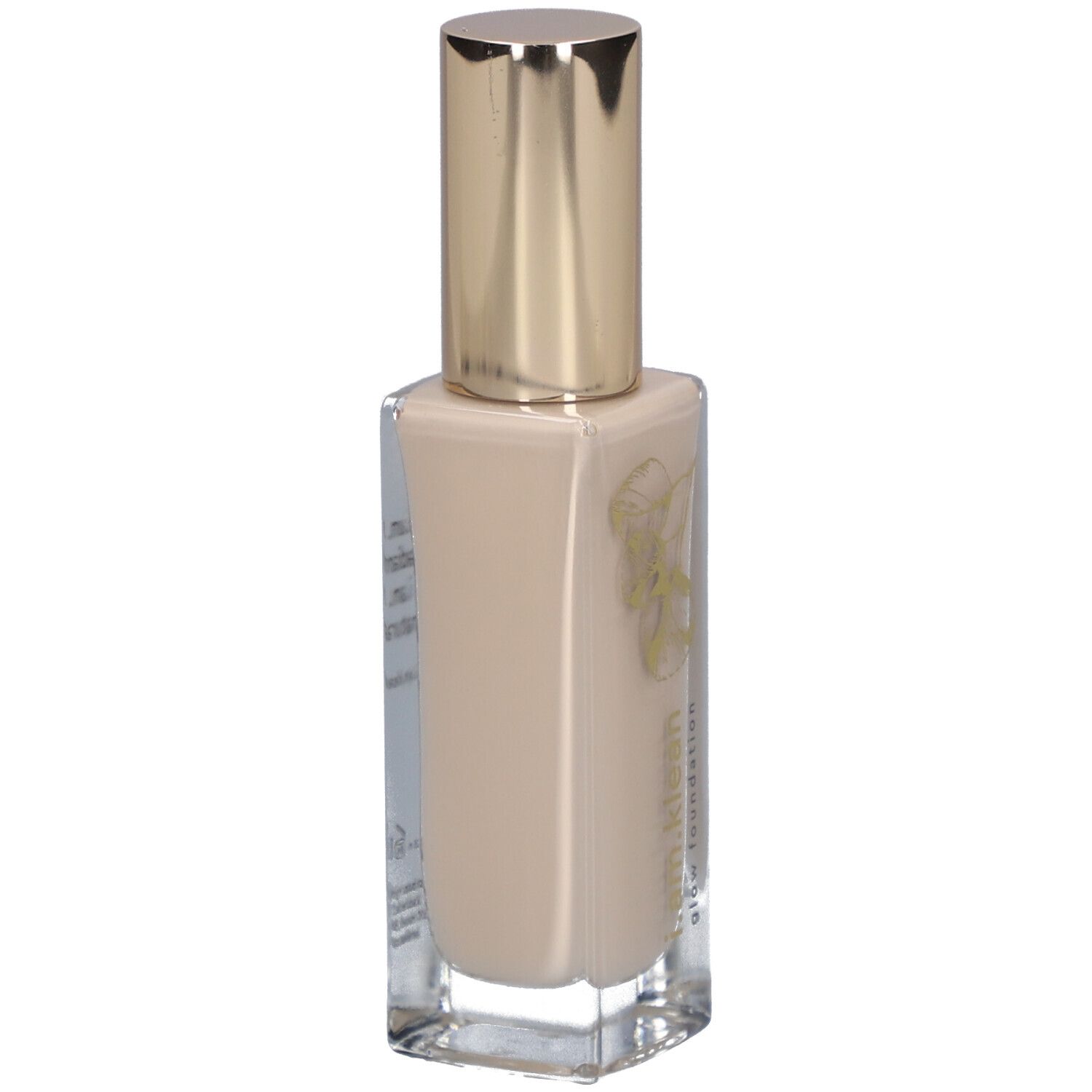 Beige Flüssig-Foundation in Glasflasche mit goldenem Deckel. Aufschrift: i.am.klean glow foundation.