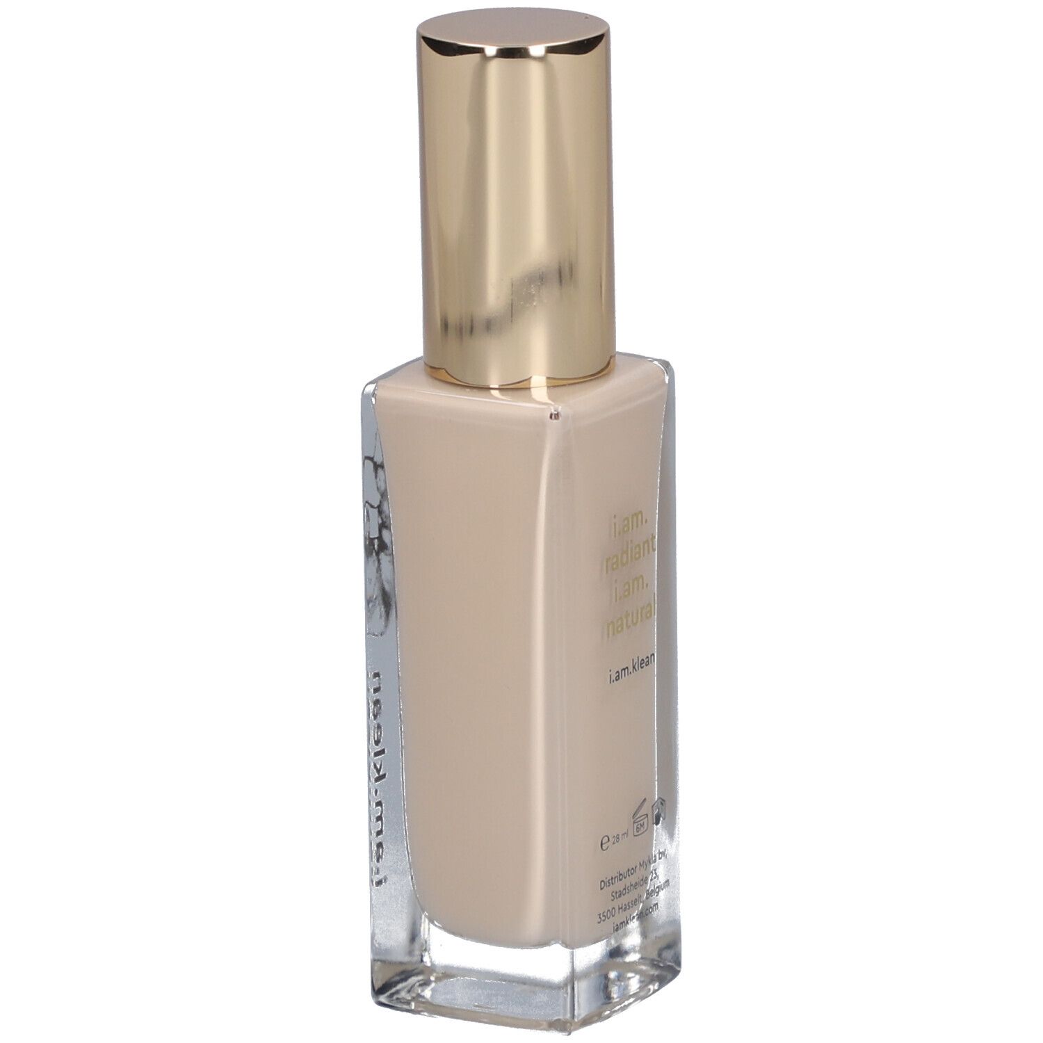 Beige Flüssig-Foundation in Glasflasche mit goldenem Deckel. Aufschrift: i.am.klean glow foundation.