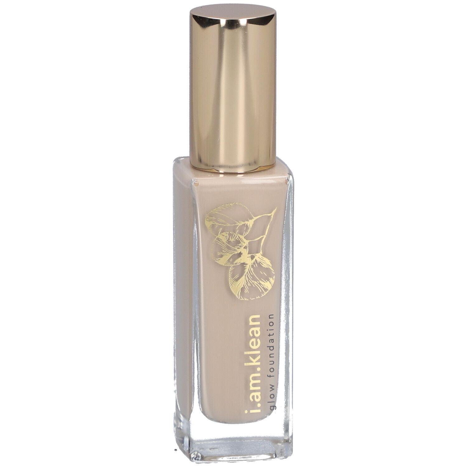 Beige Flüssig-Foundation in Glasflasche mit goldenem Deckel. Aufschrift: i.am.klean glow foundation.