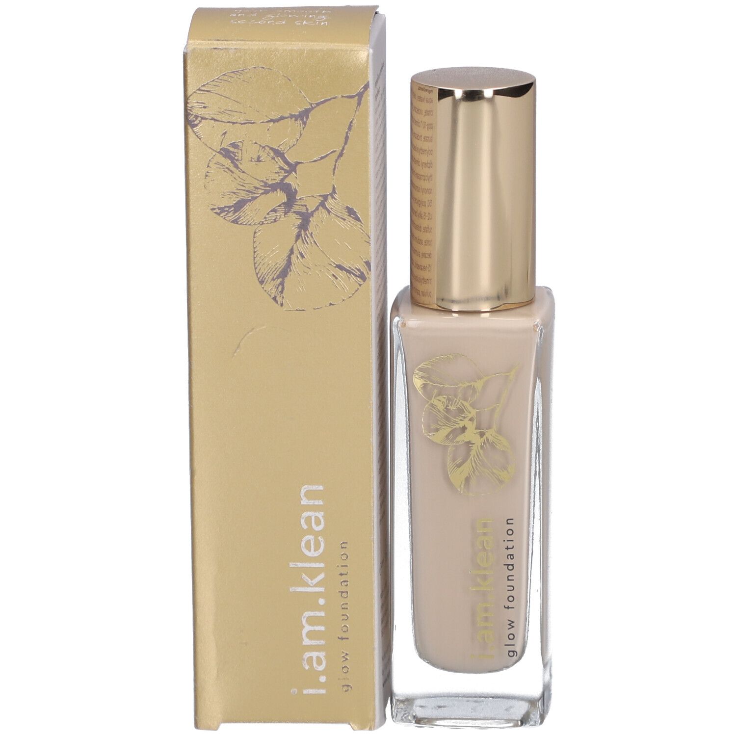 Beige Flüssig-Foundation in Glasflasche mit goldenem Deckel und Karton. Aufschrift: i.am.klean glow foundation.