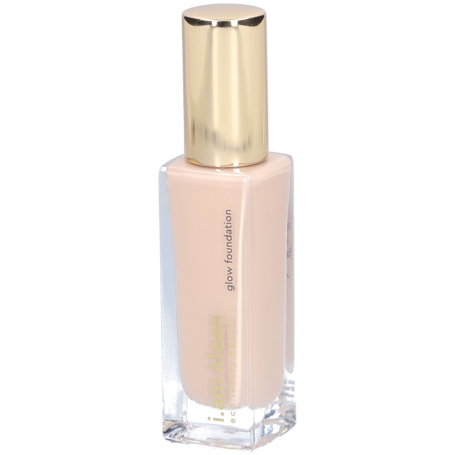 Beige Foundation in Glasflasche mit goldenem Deckel. Aufschrift: glow foundation.