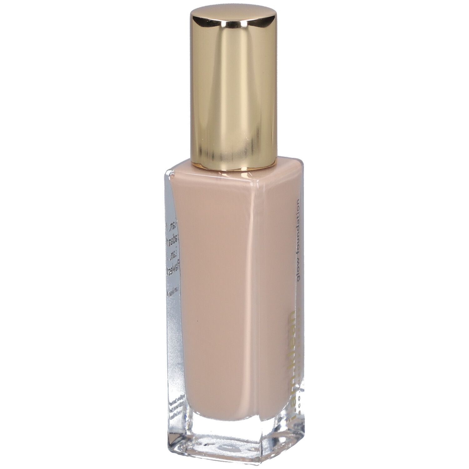 Beige Foundation in Glasflasche mit goldenem Deckel. Aufschrift: www.iamklean.com.