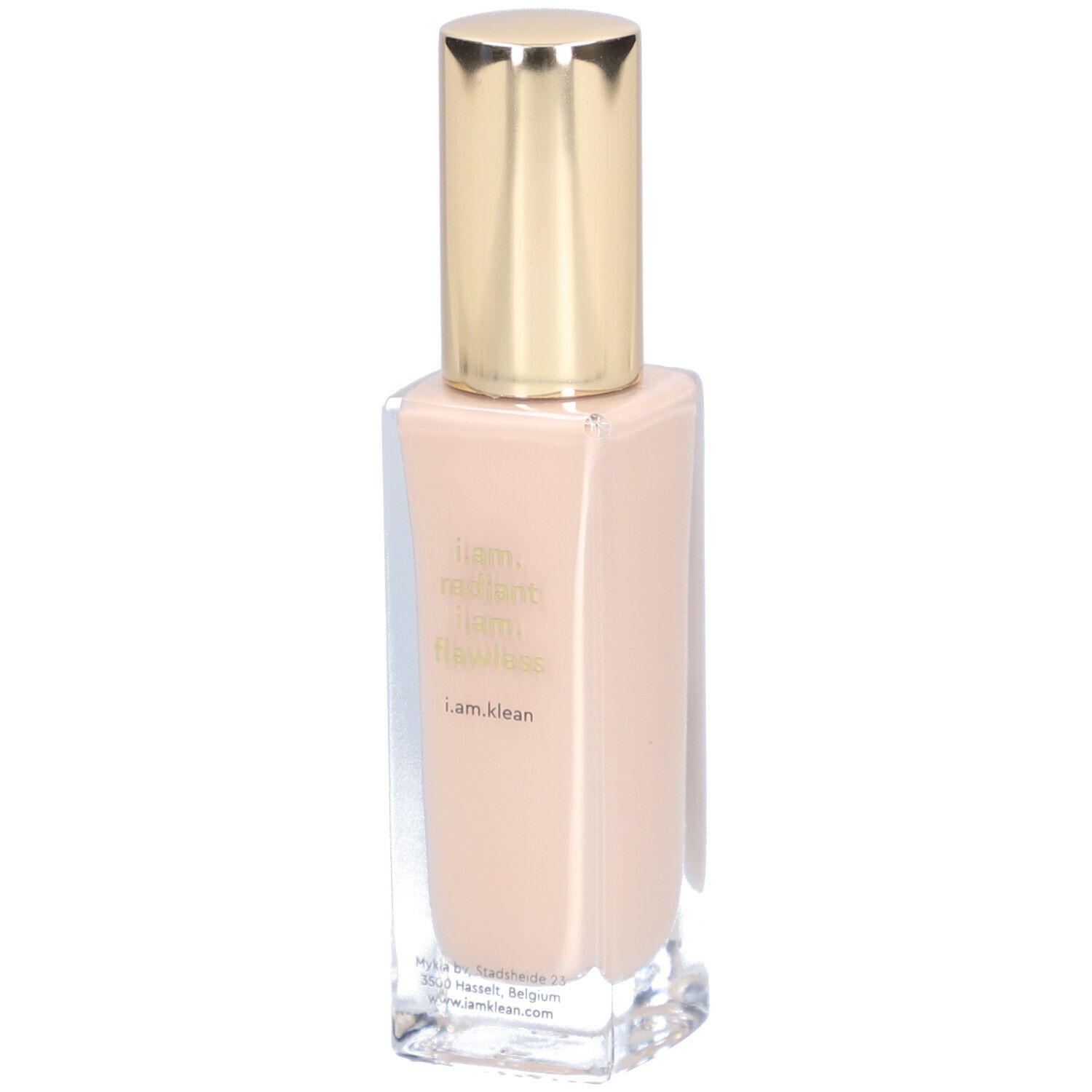 Beige Foundation in Glasflasche mit goldenem Deckel. Aufschrift: i.am.klean.