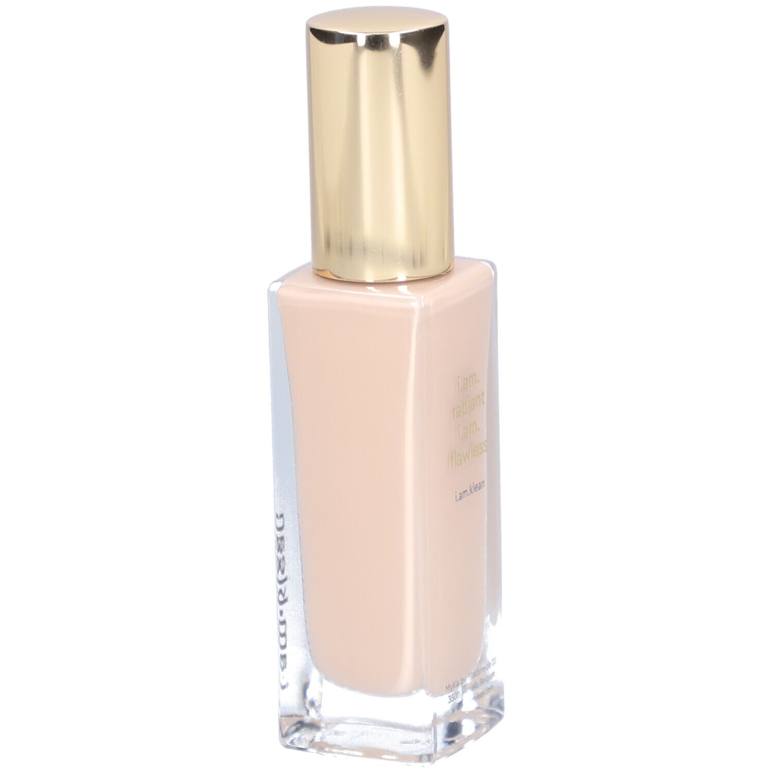 Beige Foundation in Glasflasche mit goldenem Deckel. Aufschrift: i.am.klean.