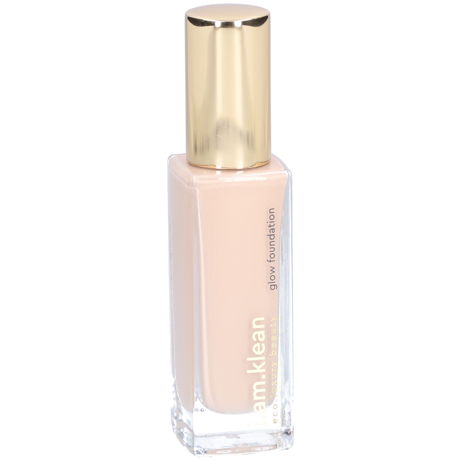 Beige Foundation in Glasflasche mit goldenem Deckel. Aufschrift: i.am.klean glow foundation.