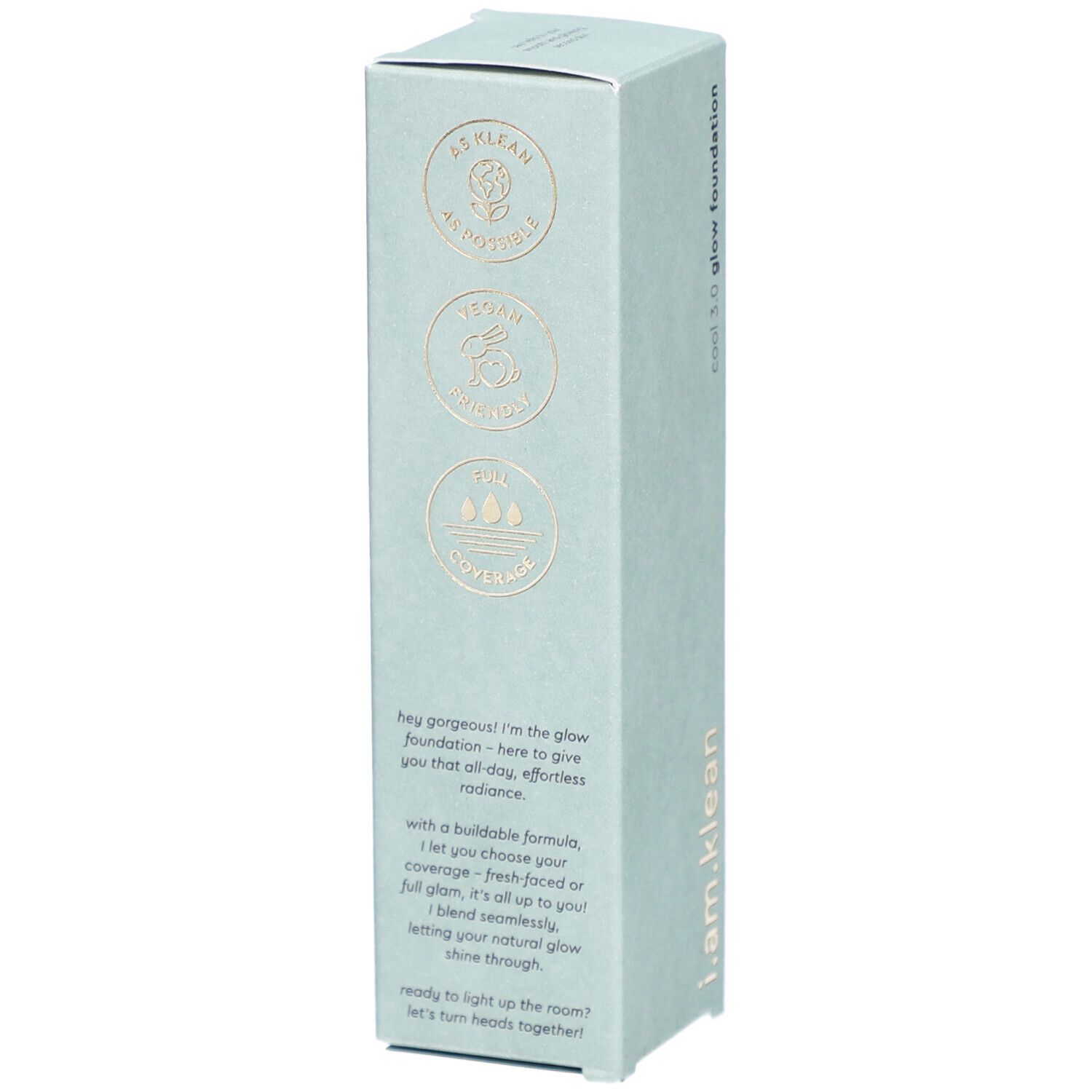 i.am.klean Liquid Glow Foundation Cool 3.0. Hellgrüne Verpackung mit Text und Logos. Marke sichtbar.