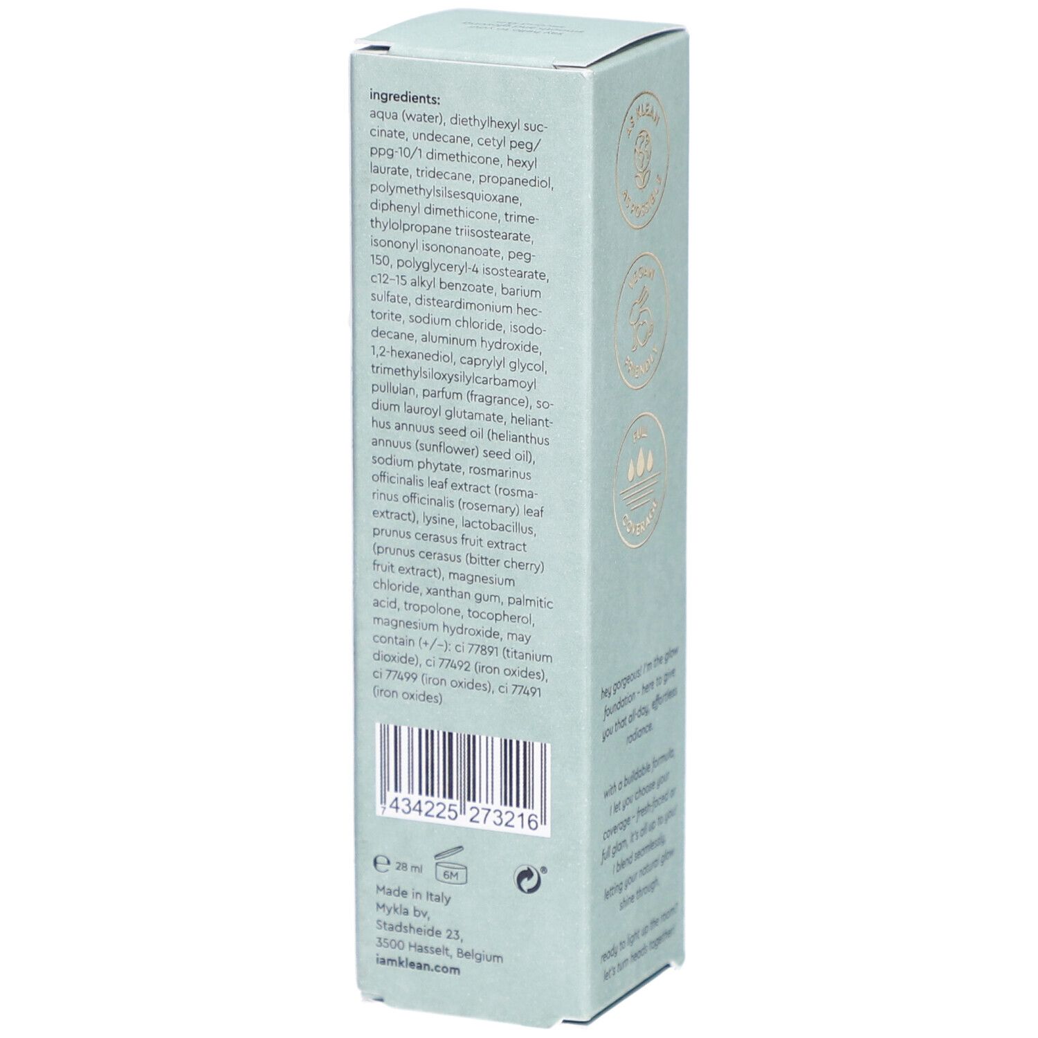 i.am.klean Liquid Glow Foundation Cool 3.0. Hellgrüne Verpackung. Inhaltsstoffe und Barcode sichtbar.