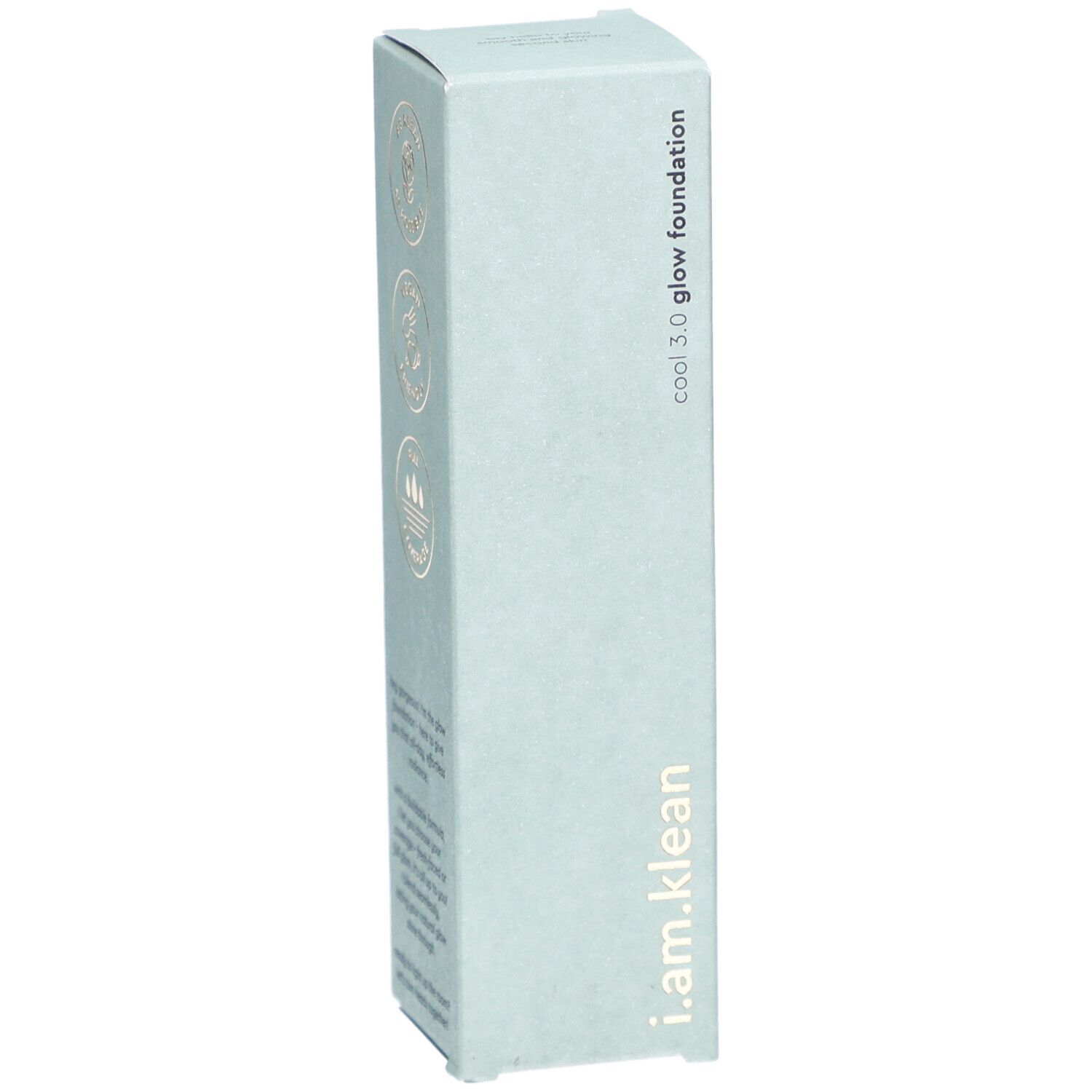 i.am.klean Liquid Glow Foundation Cool 3.0. Hellgrüne Verpackung. Marke und Logos sichtbar.
