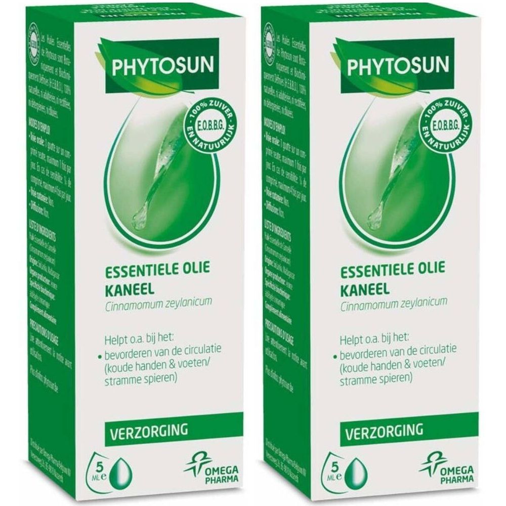 Zwei grüne Verpackungen mit Produktnamen und Logo. Text: Essentiele Olie Kaneel. Mit 5 ml-Angabe und Omega Pharma-Logo.