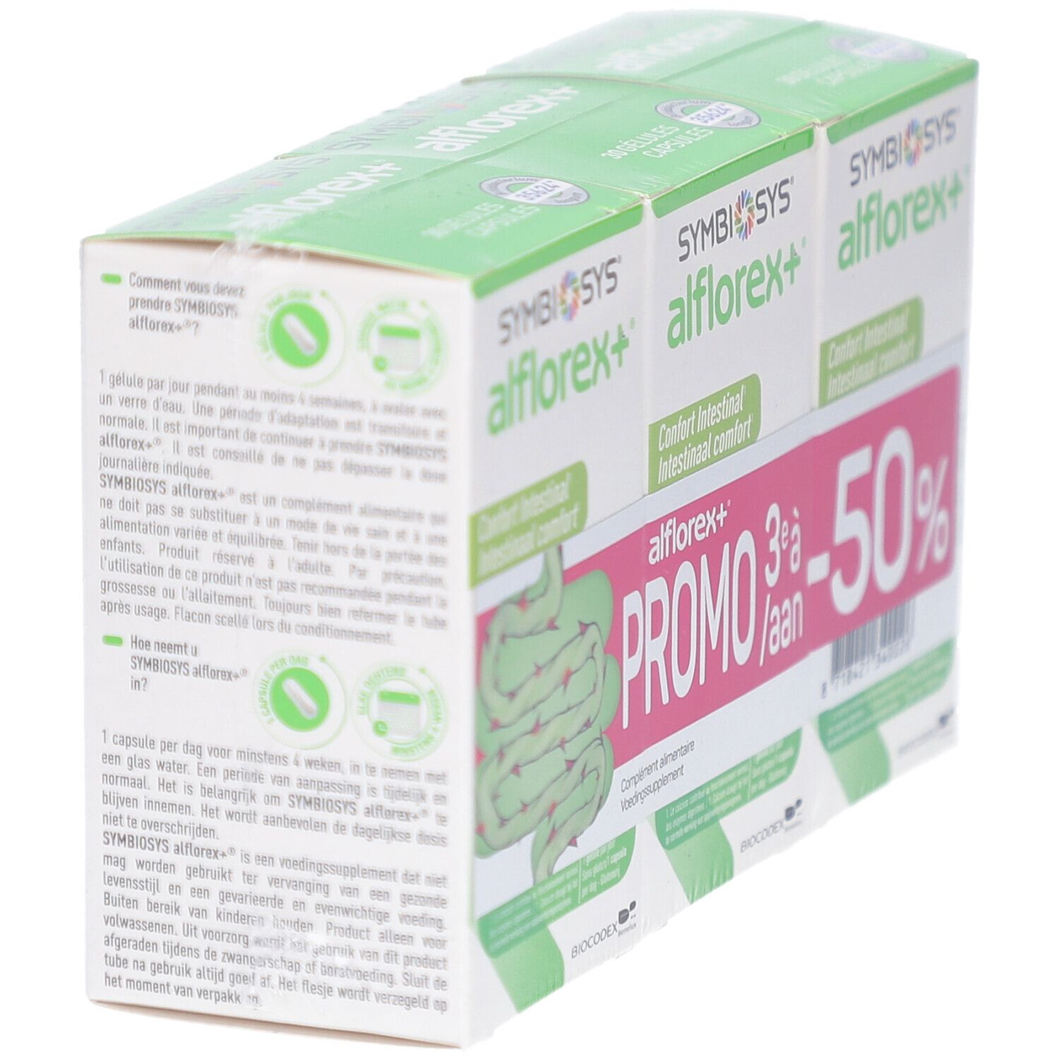 Drei Schachteln SYMBIOSYS alflorex+ in einer Packung. Aufdruck: Promo 3+1 gratis, -50%. Text und Darm-Illustration.