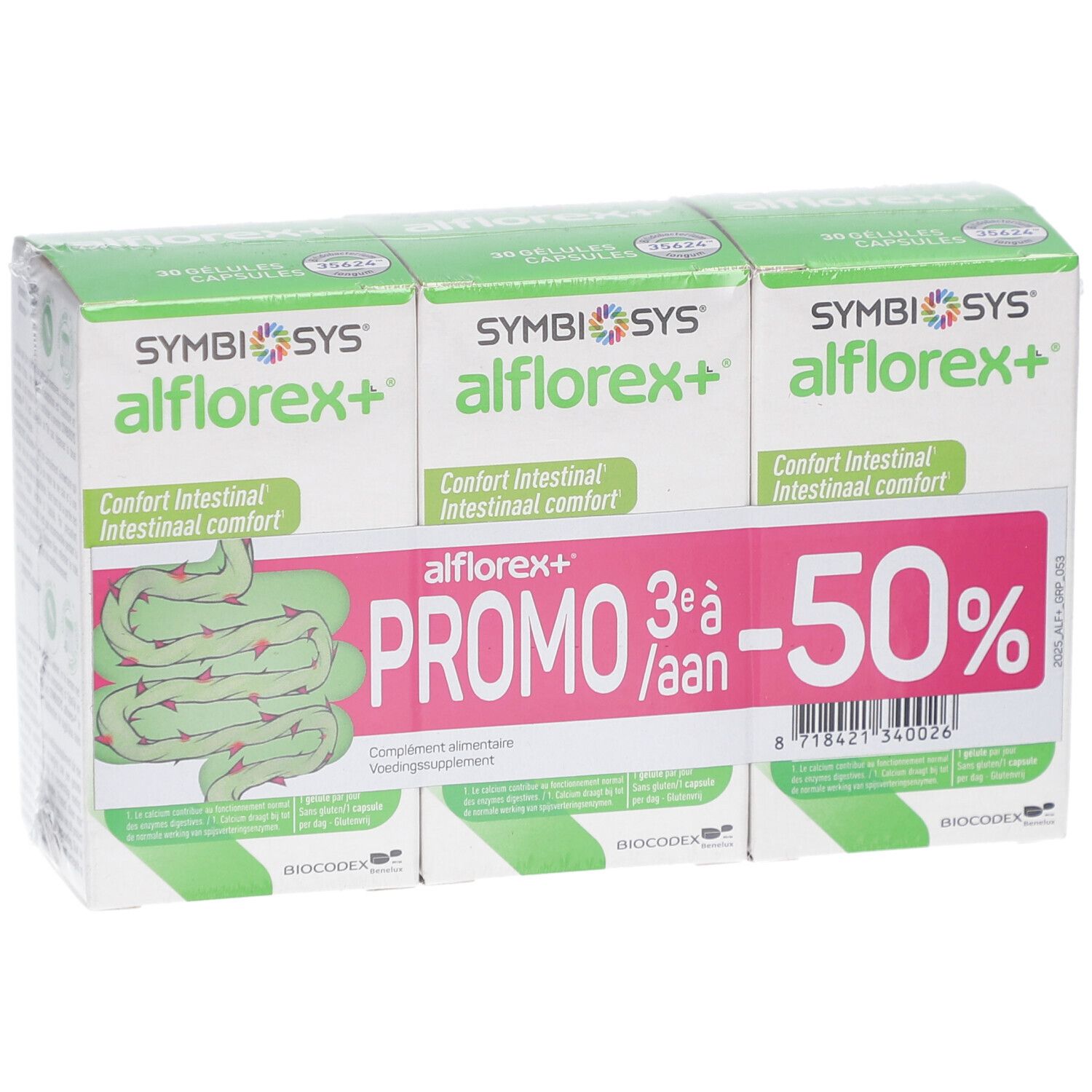 Packung mit drei SYMBIOSYS alflorex+ Schachteln. Aufdruck: Promo 3+1 gratis, -50%. Darm-Illustration.