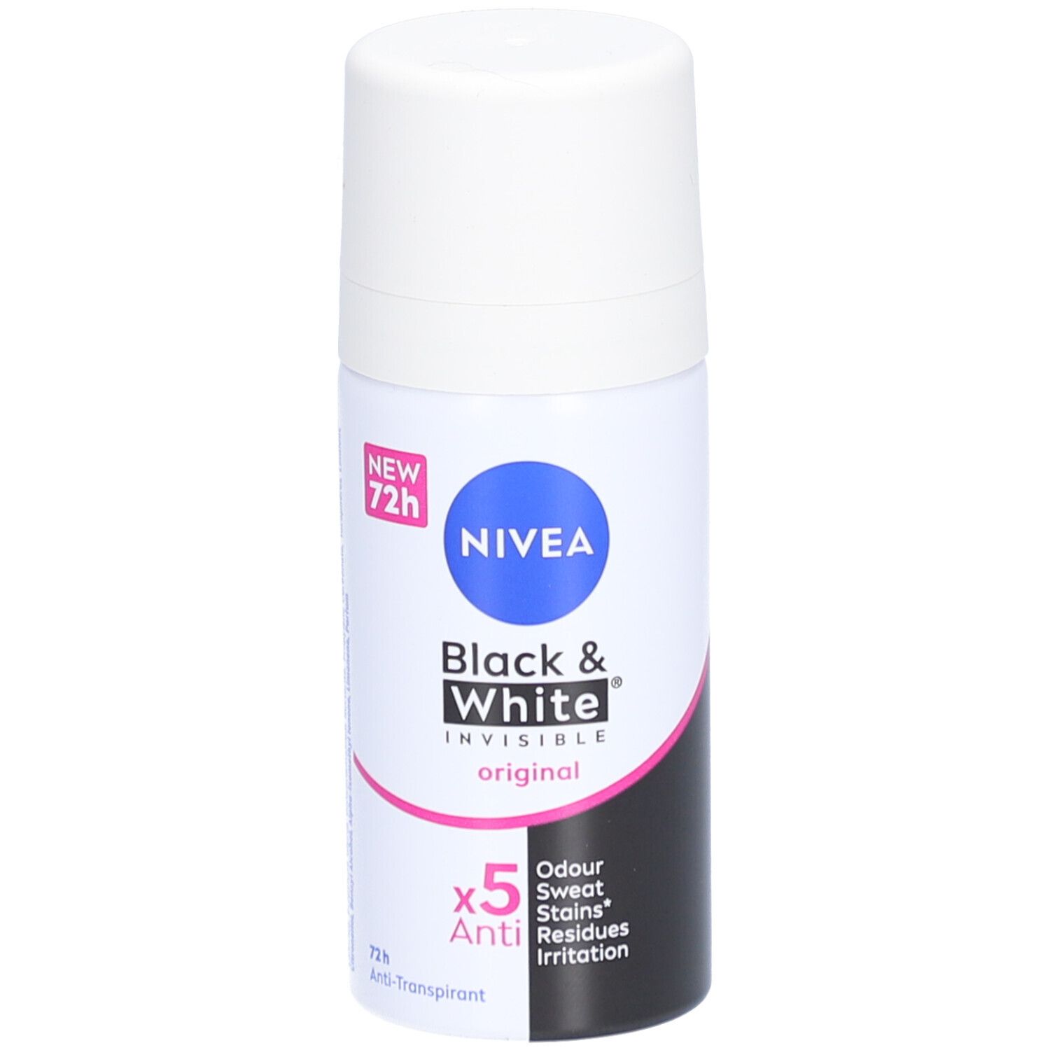 Roll-on déodorant Nivea Black & White Invisible, blanc et noir. Bouchon blanc, logo bleu et accents roses. 72h Anti-transpirant.