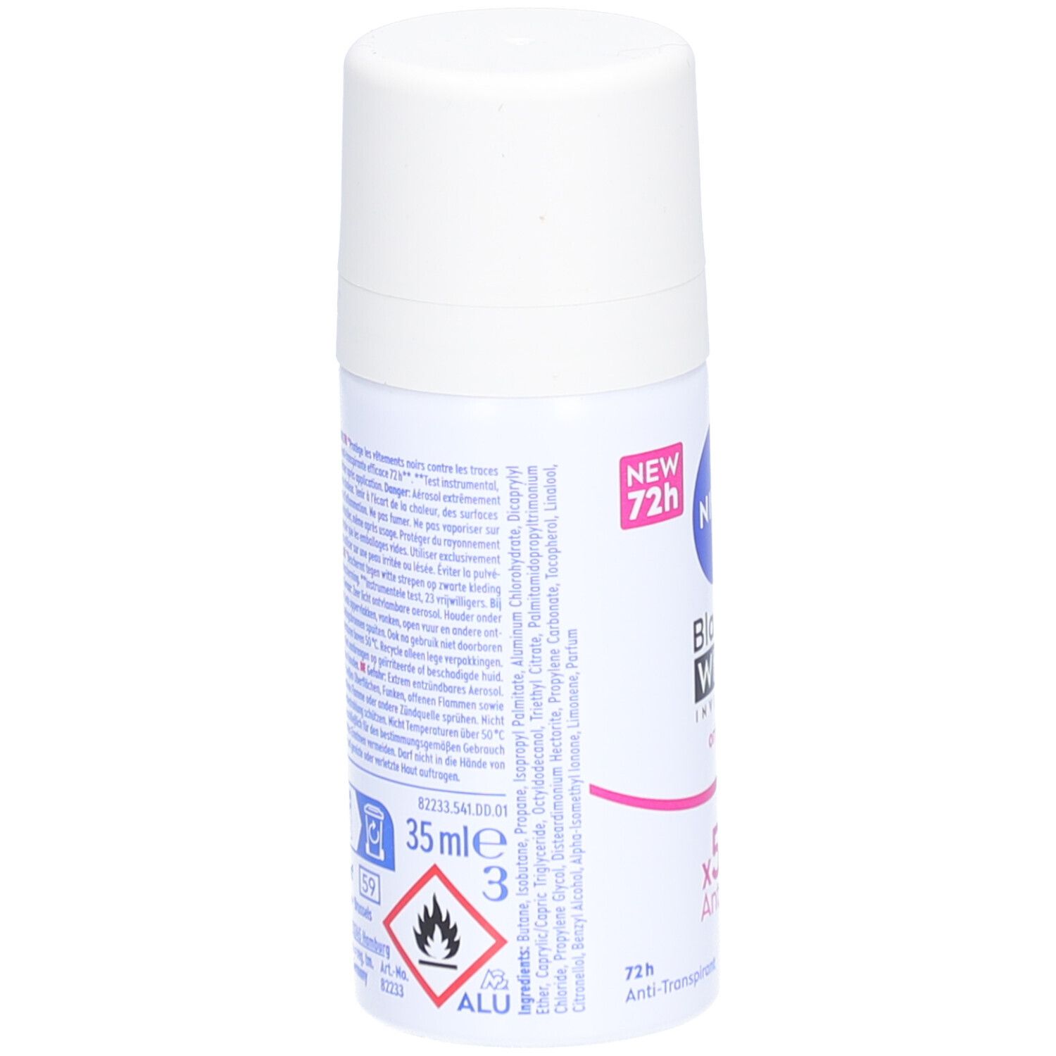 Dos du roll-on déodorant Nivea Black & White Invisible. Contient ingrédients, avertissements et 35 ml. Avec symbole de flamme.