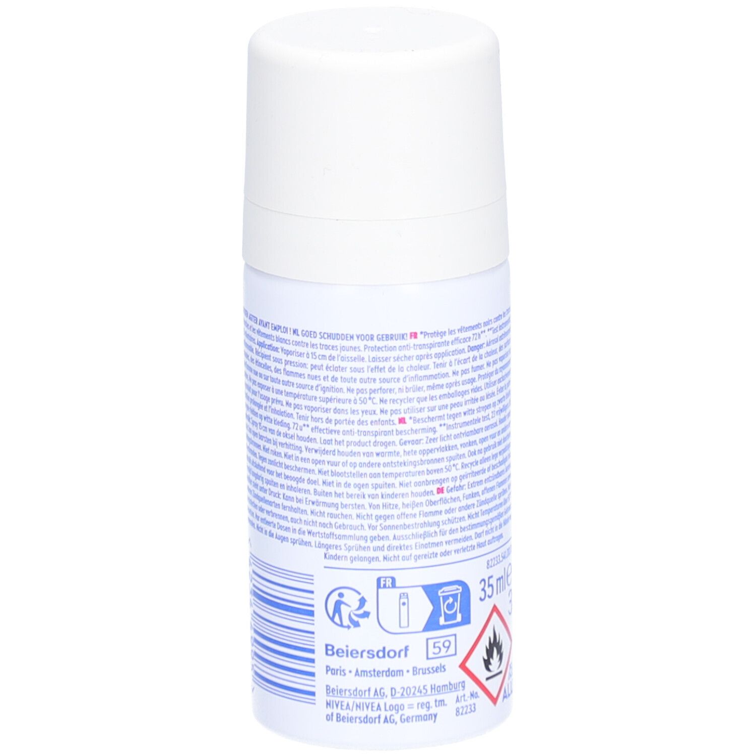 Dos du roll-on déodorant Nivea Black & White Invisible. Texte, 35 ml, symbole de recyclage, symbole de flamme. Fabriqué en Allemagne.