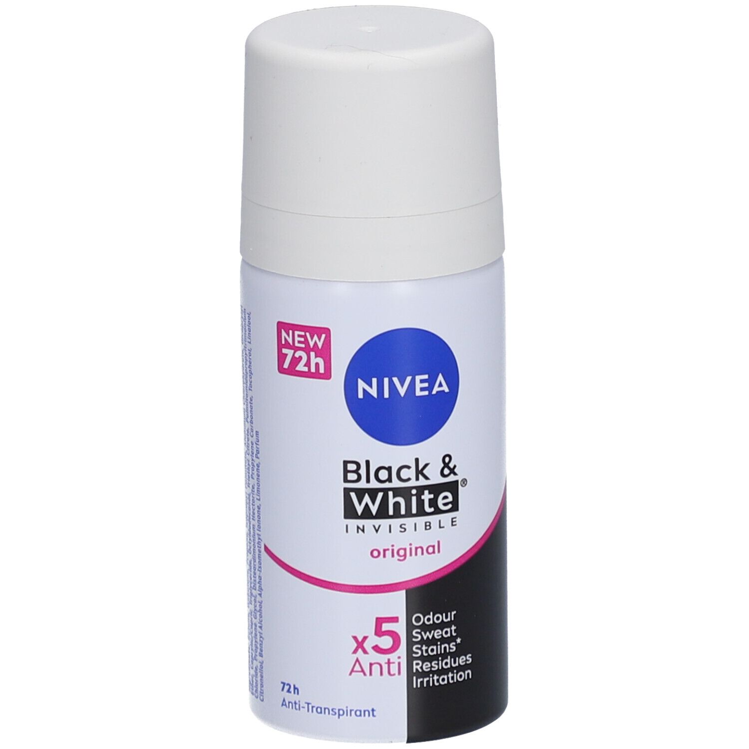 Roll-on déodorant Nivea Black & White Invisible, blanc et noir. Bouchon blanc, logo bleu et accents roses. 72h Anti-transpirant.