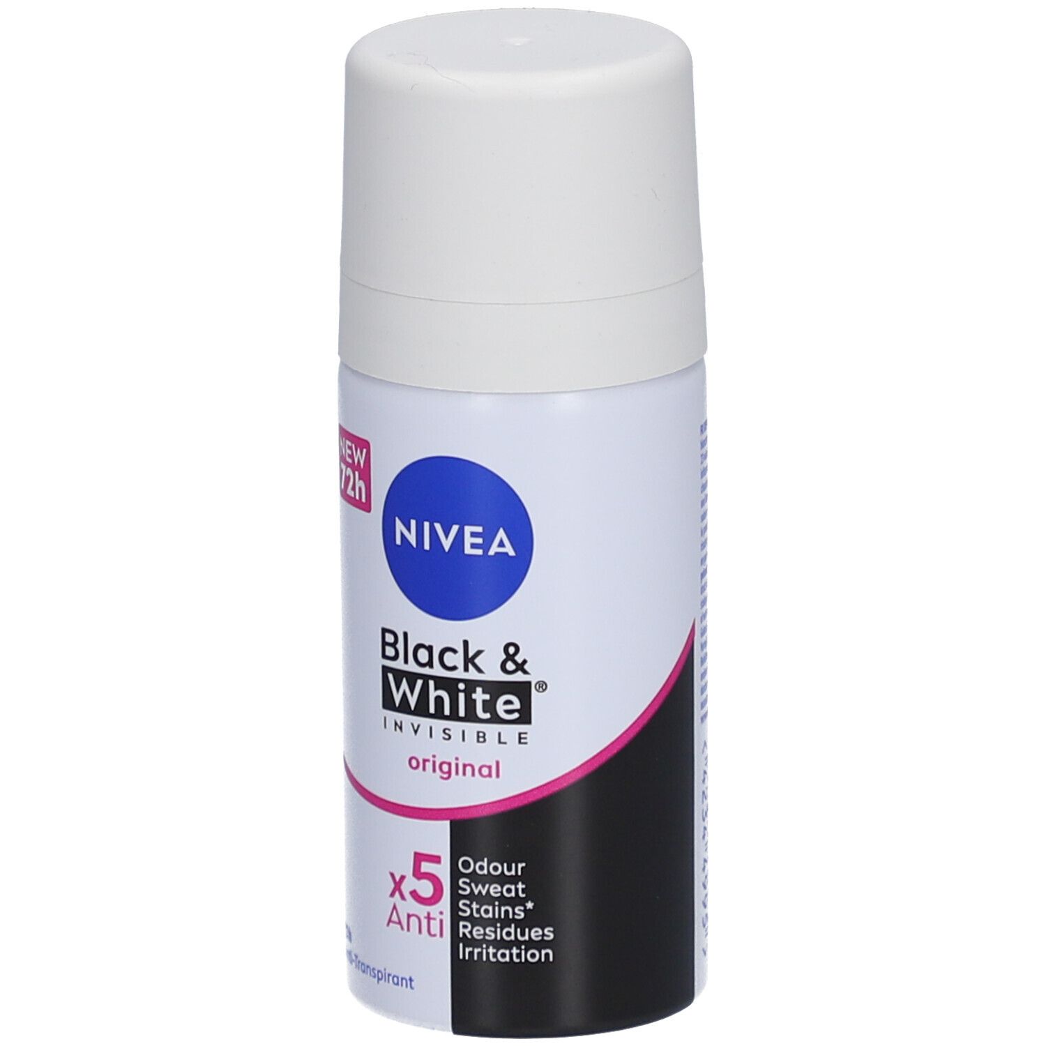 Roll-on déodorant Nivea Black & White Invisible, blanc et noir. Bouchon blanc, logo bleu et accents roses. 72h Anti-transpirant.