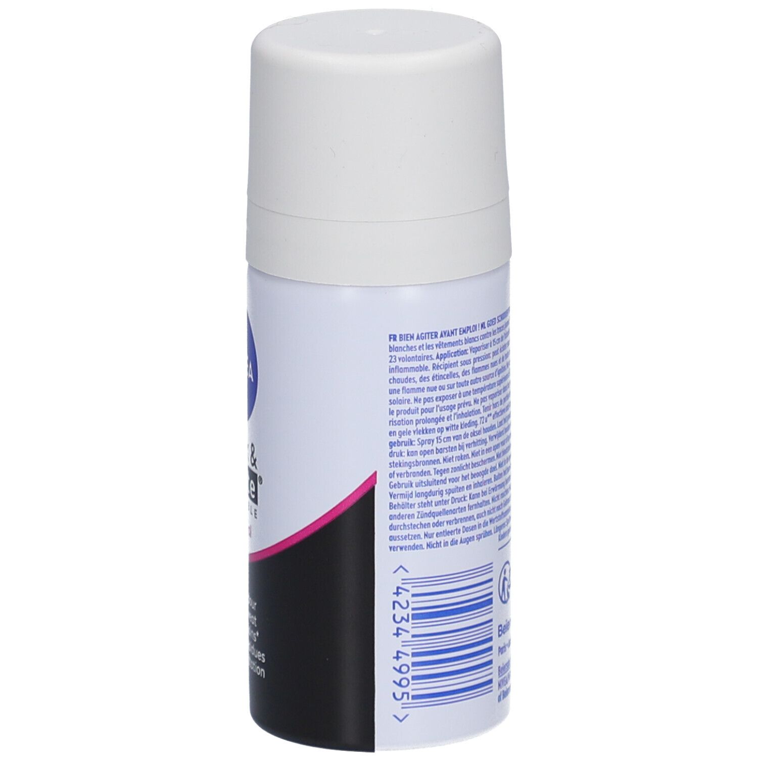 Dos du roll-on déodorant Nivea Black & White Invisible. Texte, 35 ml, symbole de recyclage, symbole de flamme. Fabriqué en Allemagne.