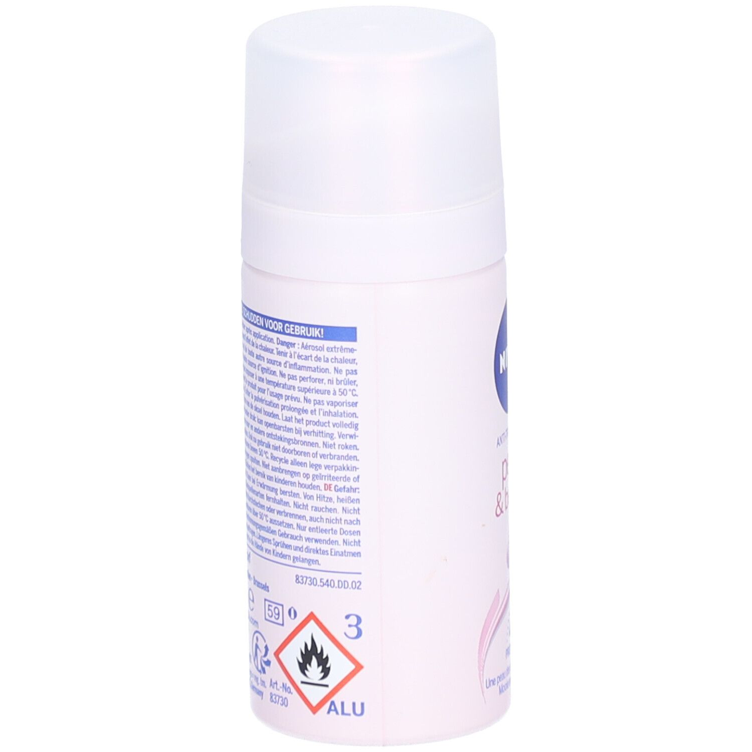 Nivea Déodorant Spray Pearl & Beauty. Rosa Dose mit Text und Symbolen. Rückseite mit Text in verschiedenen Sprachen.