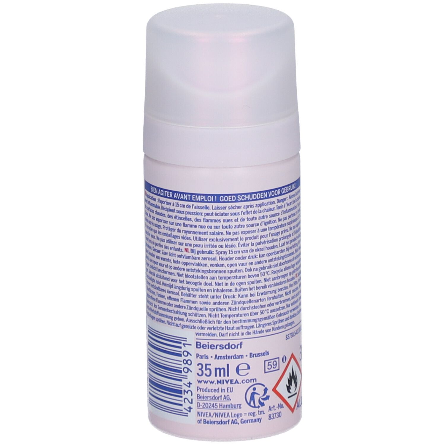 Nivea Déodorant Spray Pearl & Beauty. Rosa Dose mit Text und Symbolen. Rückseite mit Text in verschiedenen Sprachen.