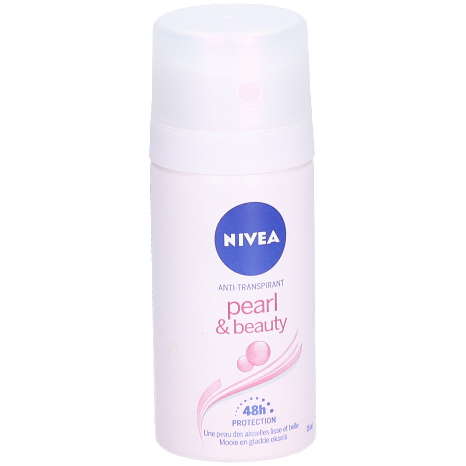 Rosa Nivea Déodorant Spray Pearl & Beauty. Weißer Sprühkopf. Blaue Marke mit Text. Rosa Schriftzug und Illustrationen.