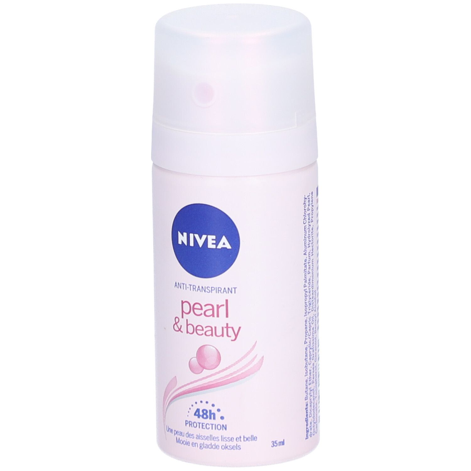 Rosa Nivea Déodorant Spray Pearl & Beauty. Weißer Sprühkopf. Blaue Marke mit Text. Rosa Schriftzug und Illustrationen.