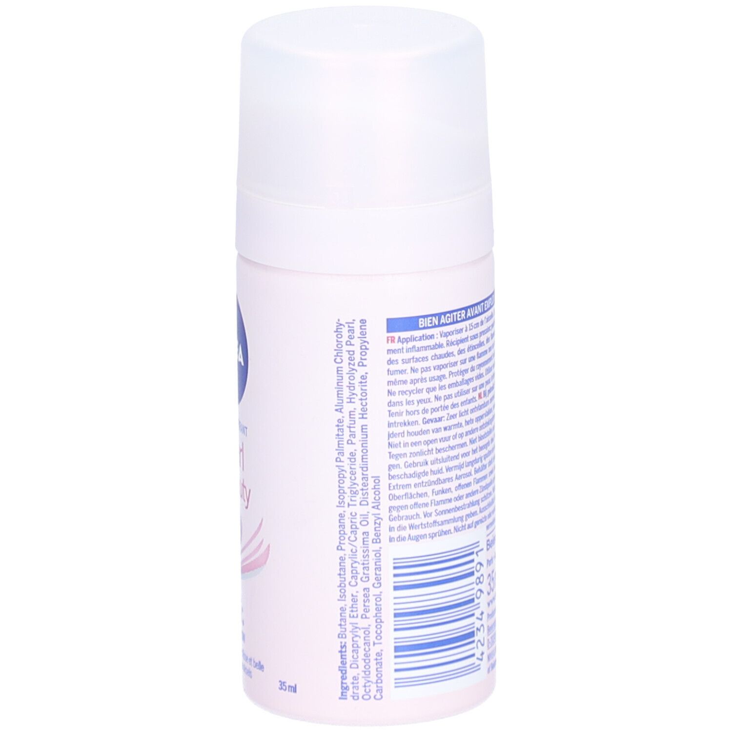 Nivea Déodorant Spray Pearl & Beauty. Rosa Dose mit Text und Symbolen. Rückseite mit Text in verschiedenen Sprachen.