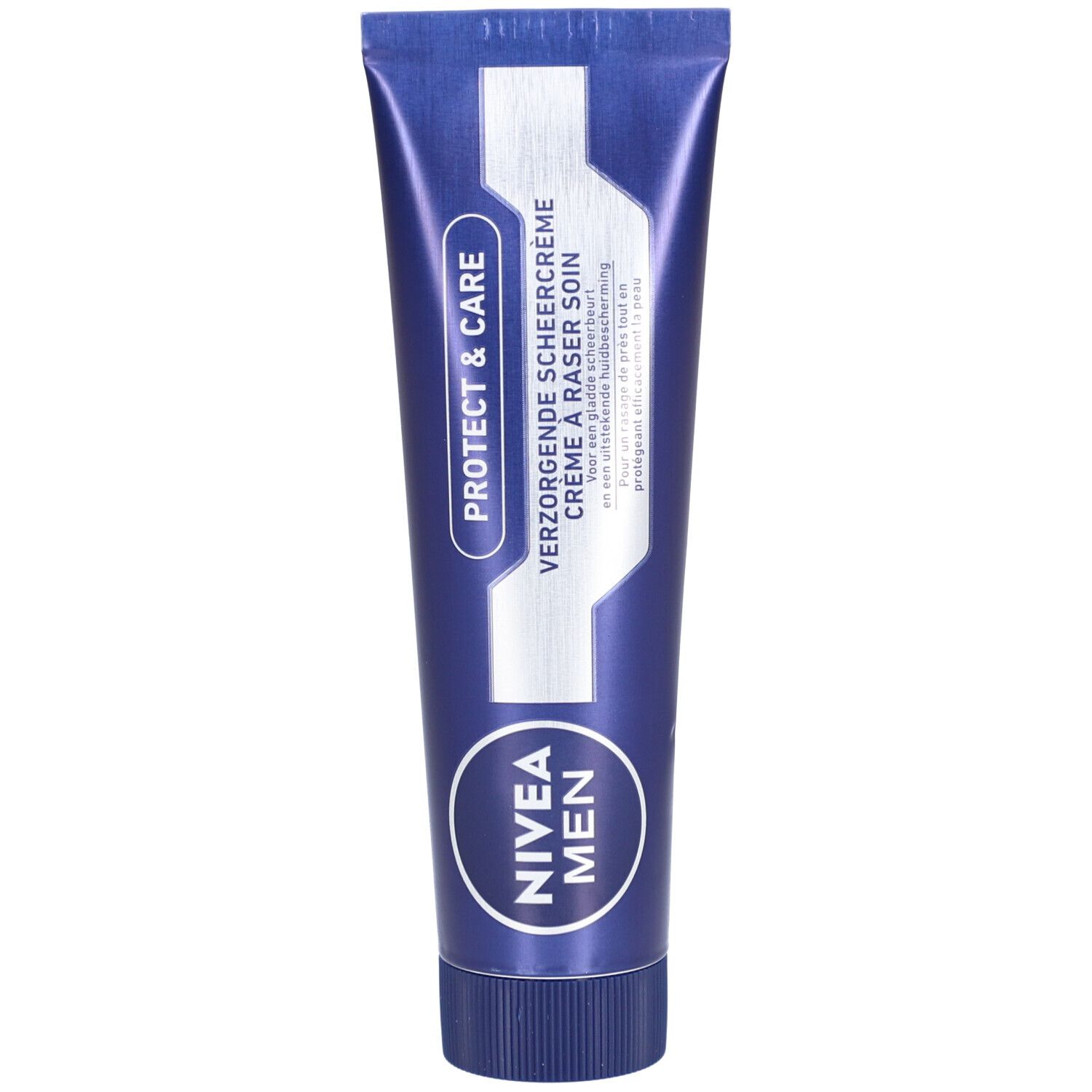 Tube bleue Nivea Men Protect & Care Crème à Raser. Inscription blanche, nom du produit et logo.