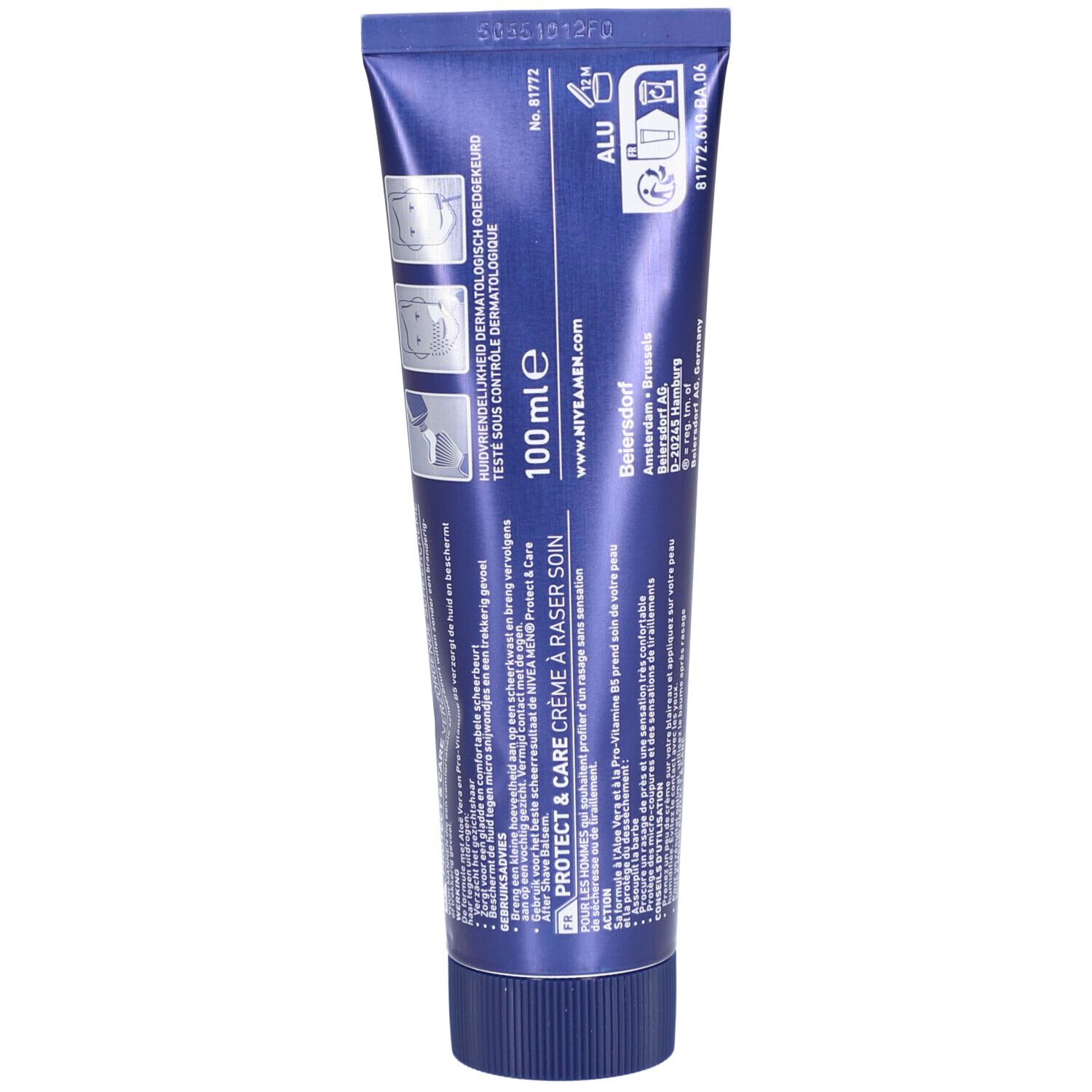 Dos du tube bleu Nivea Men Crème à Raser. Texte, logos et informations.