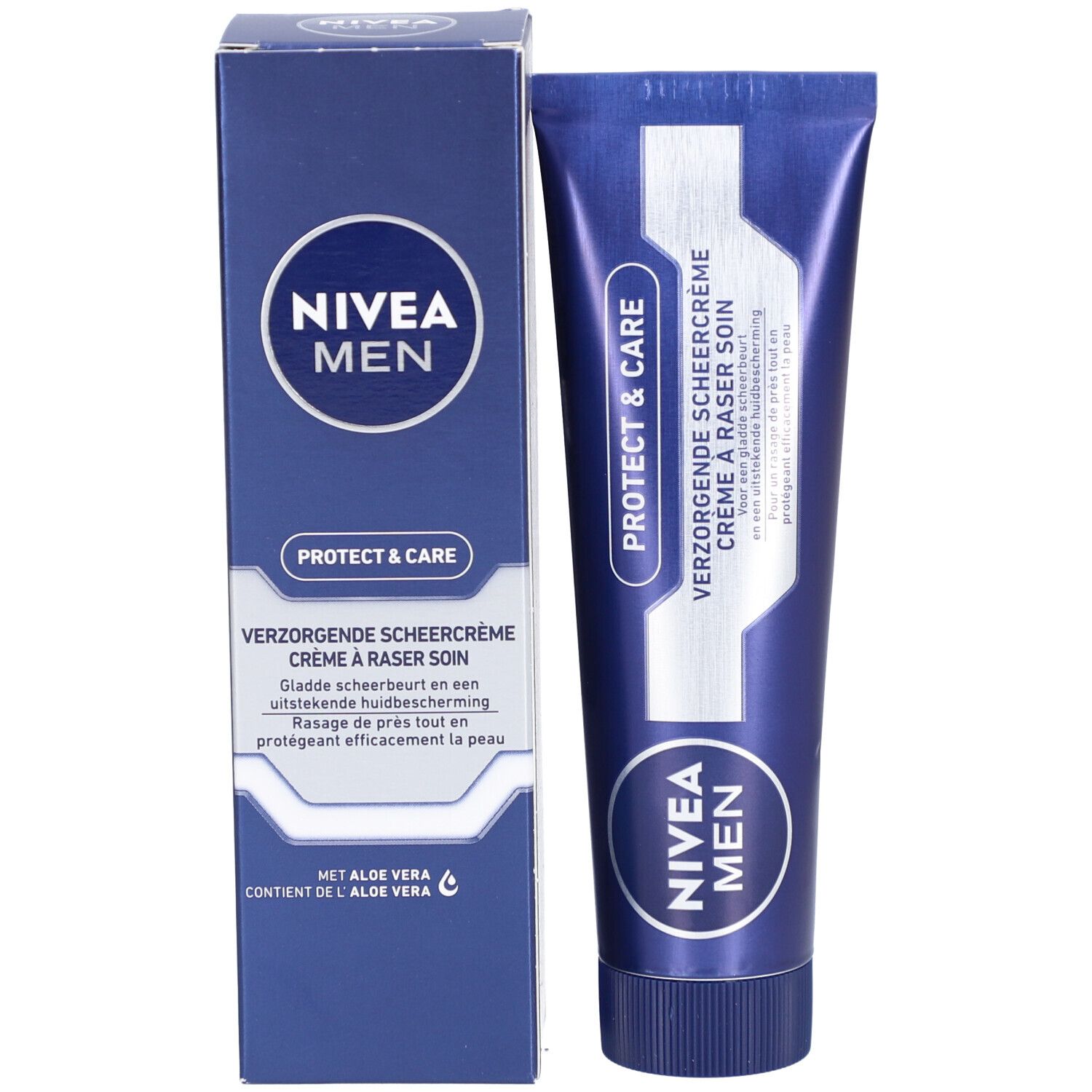 Nivea Men Protect & Care Crème à Raser avec emballage. Tube et boîte bleus.