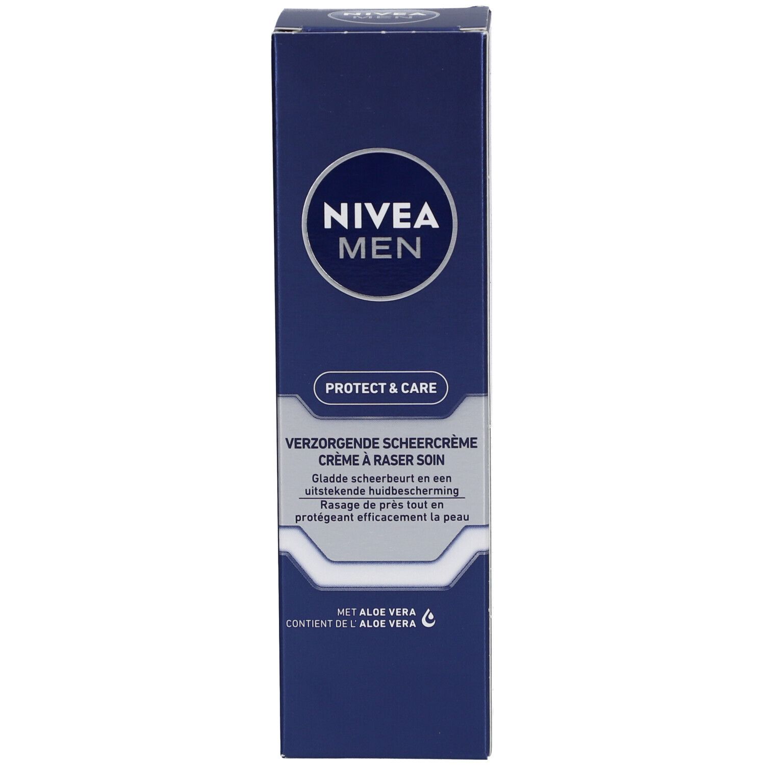Boîte bleue Nivea Men Protect & Care Crème à Raser. Nom du produit et logo.