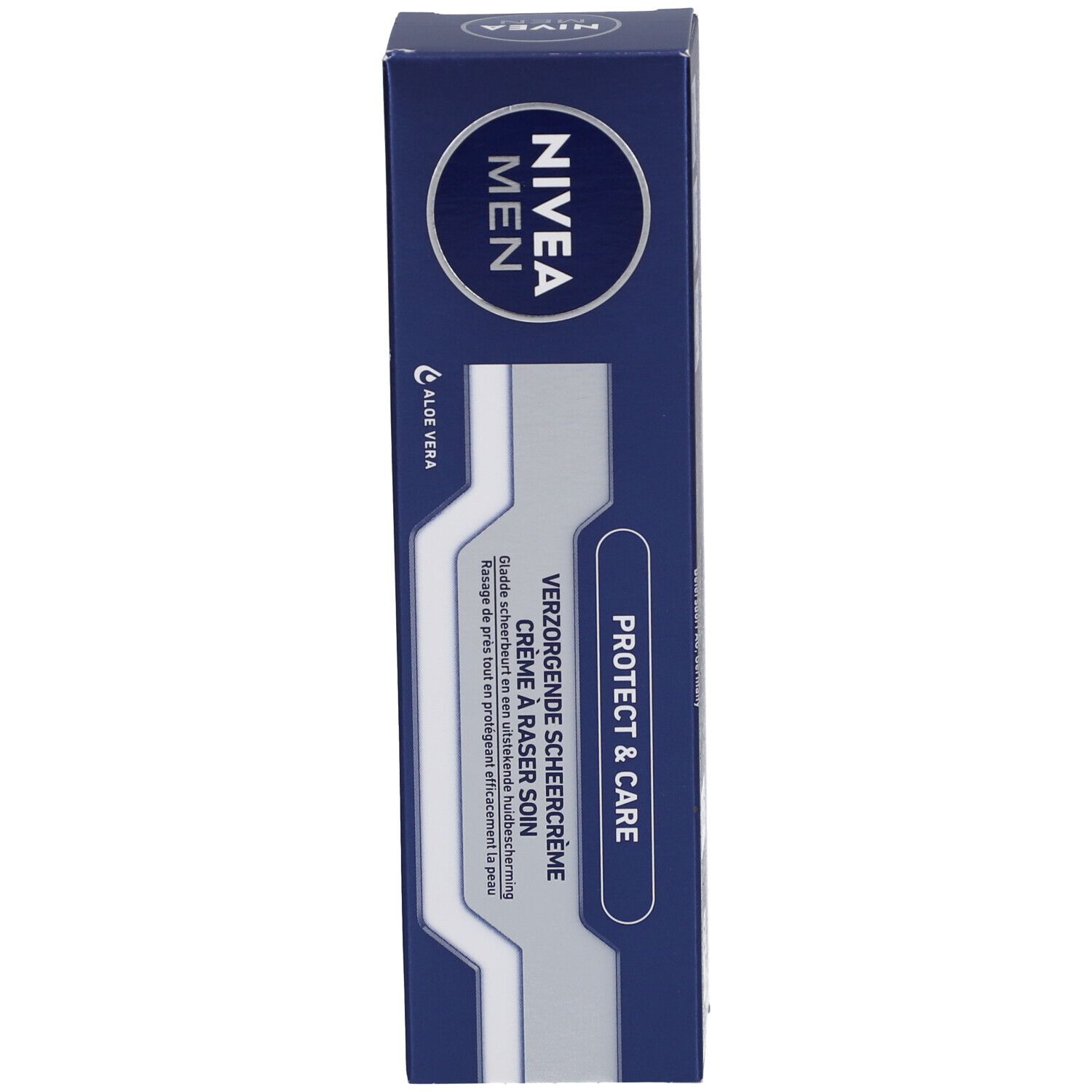 Boîte bleue Nivea Men Protect & Care Crème à Raser. Nom du produit, logo et Aloe Vera.