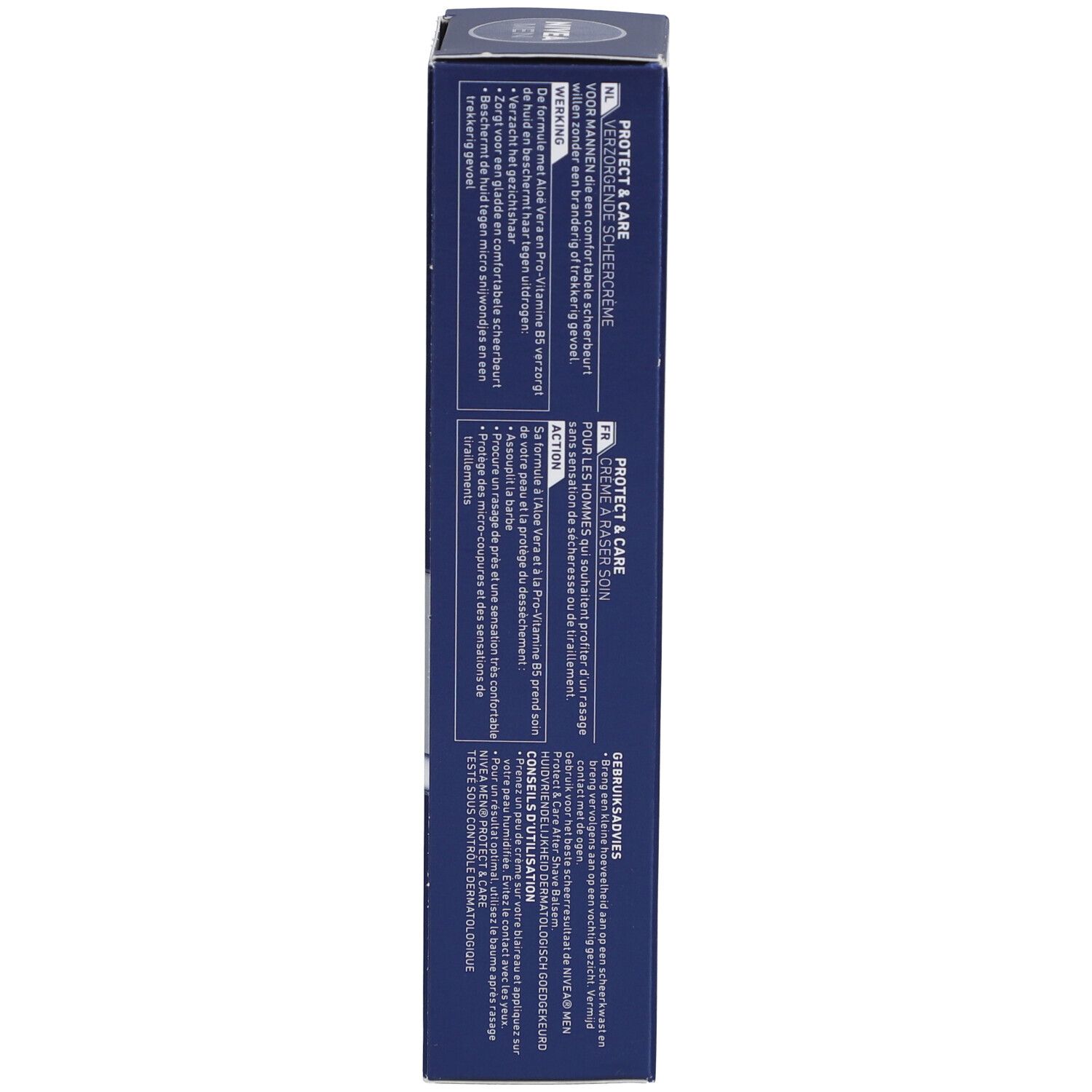 Boîte bleue Nivea Men Crème à Raser. Texte, logos et informations sur le côté.