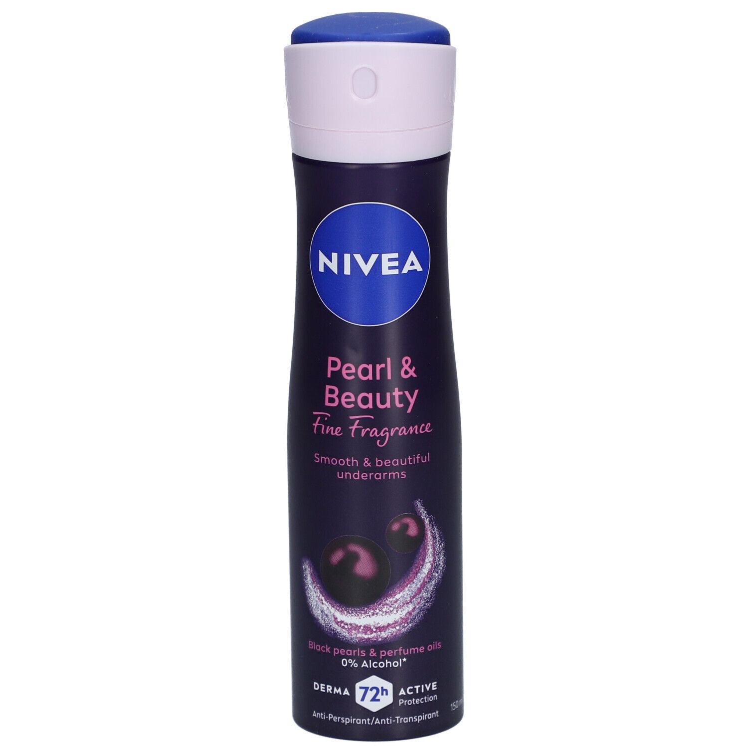 Deodorant-Spray, dunkelblau, weiß und blau. Aufschrift: NIVEA Pearl & Beauty. Mit Perlen und Parfumölen. 0% Alkohol.