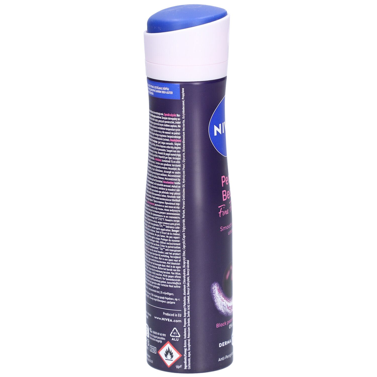 Deodorant-Spray, Seitenansicht. Dunkelblau mit weißem und blauem Deckel. Text: NIVEA, Pearl & Beauty. Mit Inhaltsangaben und Warnhinweisen.