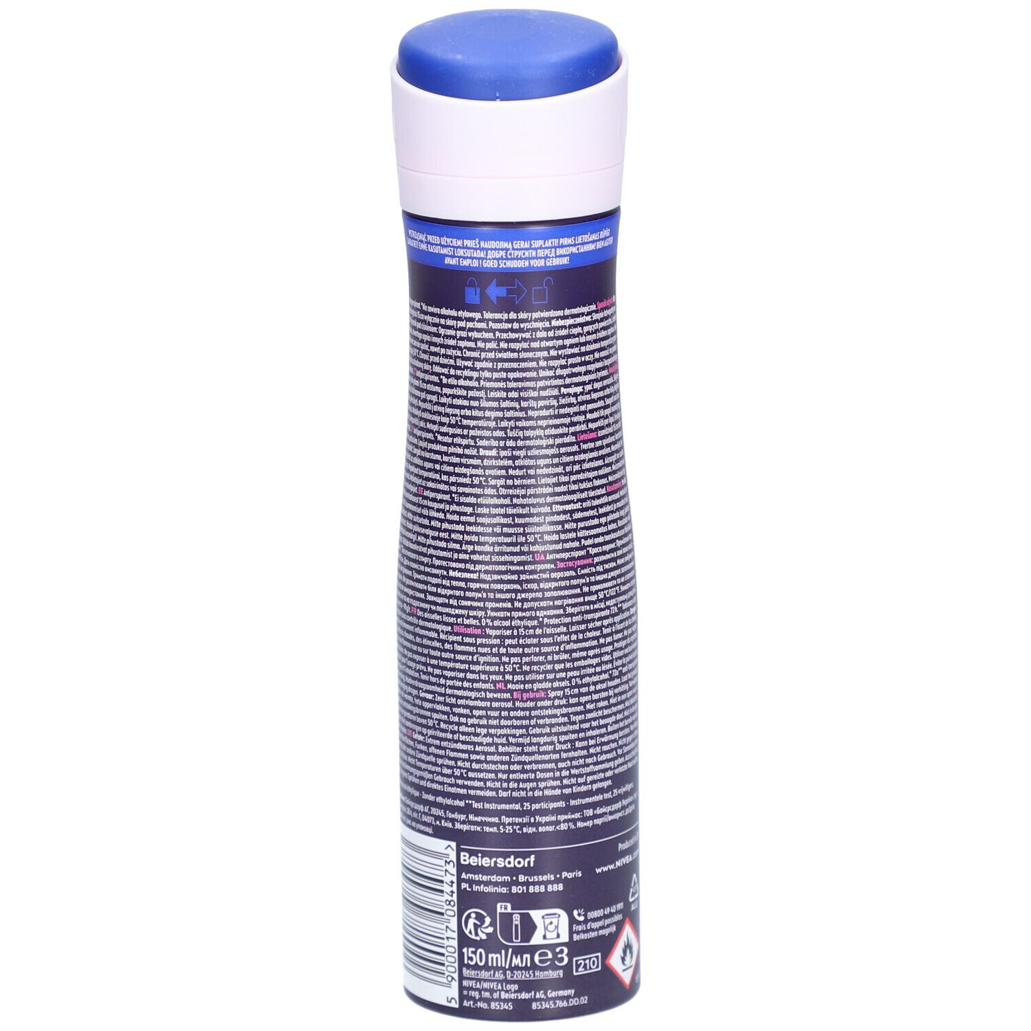Rückseite des Deodorant-Sprays. Dunkelblau mit weißem und blauem Deckel. Text: NIVEA, Inhaltsstoffe, Warnhinweise, Herstellerinformationen.