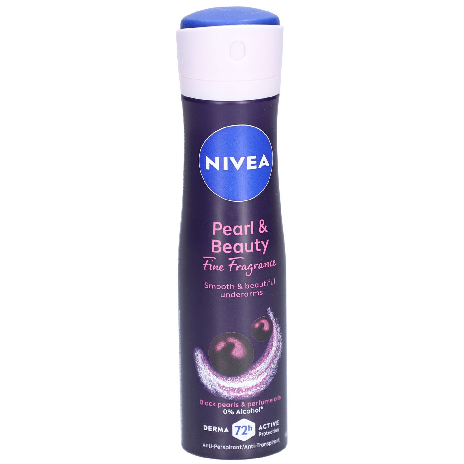 Deodorant-Spray, dunkelblau, weiß und blau. Aufschrift: NIVEA Pearl & Beauty. Mit Perlen und Parfumölen. 0% Alkohol.