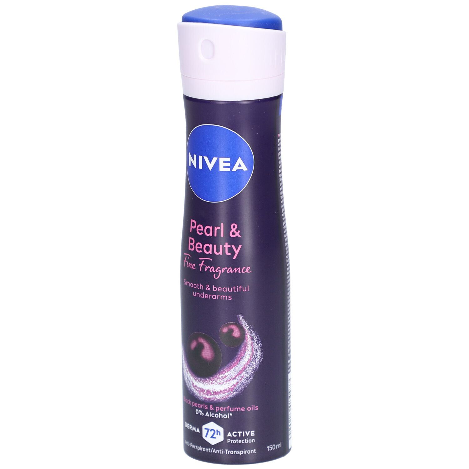 Deodorant-Spray, dunkelblau, weiß und blau. Aufschrift: NIVEA Pearl & Beauty. Mit Perlen und Parfumölen. 0% Alkohol. 150ml.