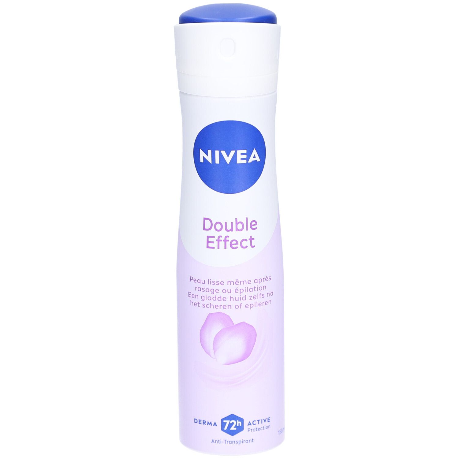 Nivea Déodorant Spray Double Effect. Flacon blanc avec bouchon bleu et logo. Texte: Double Effect, Derma 72h Active Protection.