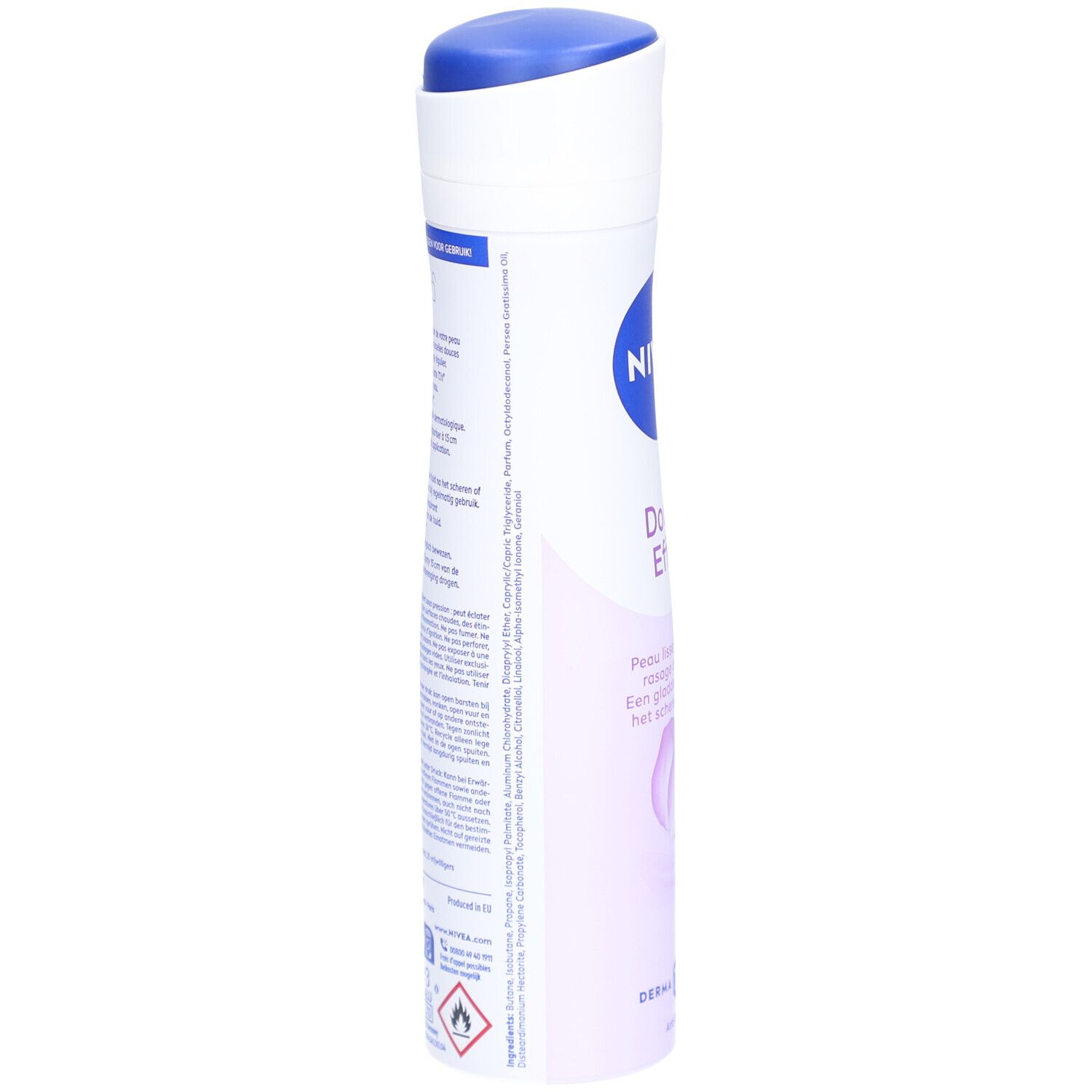 Nivea Déodorant Spray Double Effect. Flacon blanc, vue latérale. Texte au dos. Avertissement: facilement inflammable.